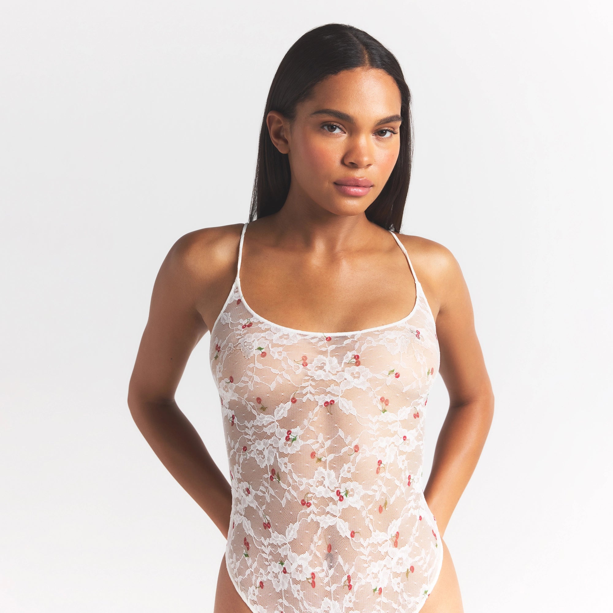 STRETCH LACE SCOOP NECK BODYSUIT | IVORY CHERRY PRINT - Image 4