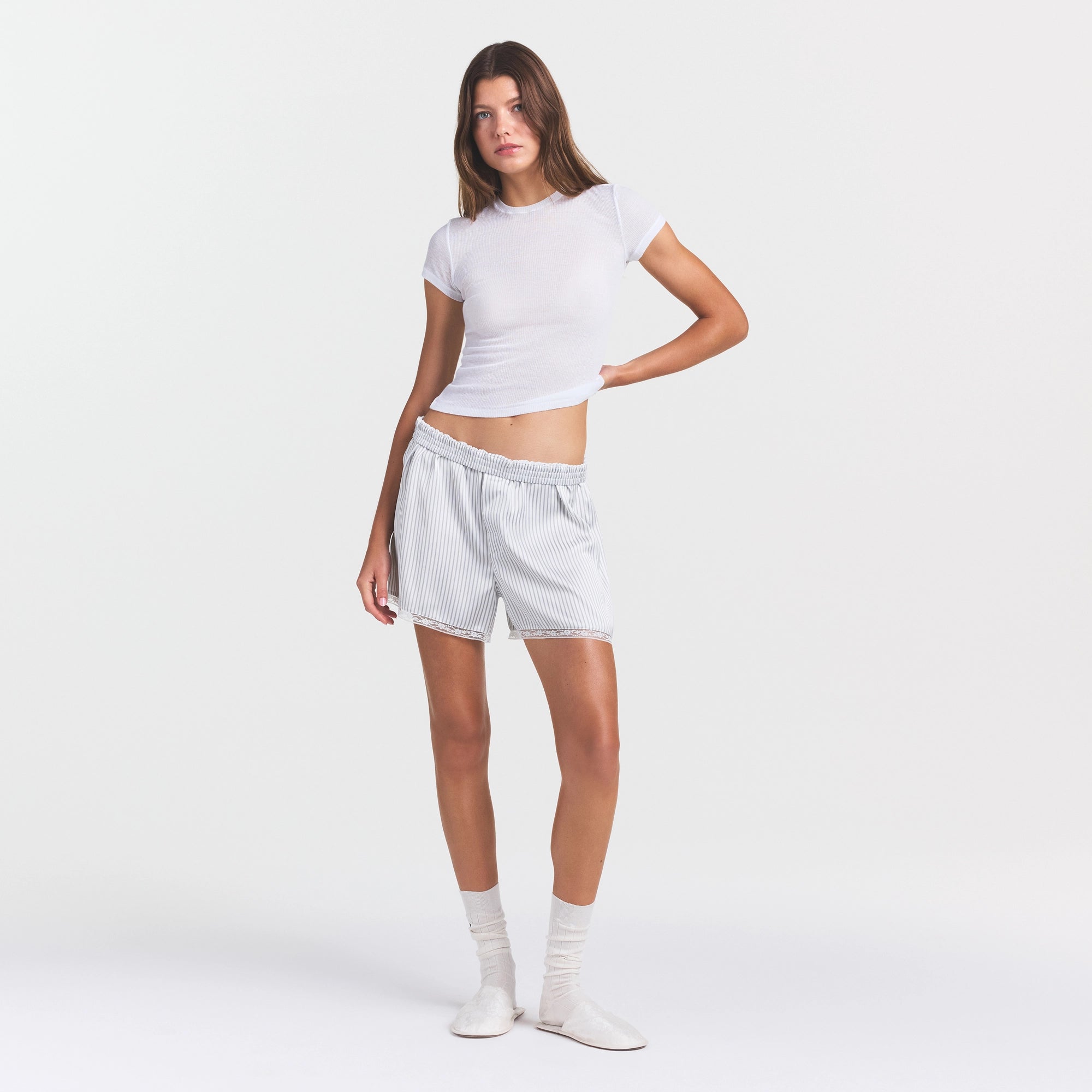 WOVEN SHINE LACE BOXER | SILVER TRIPLE PINSTRIPE - Image 2