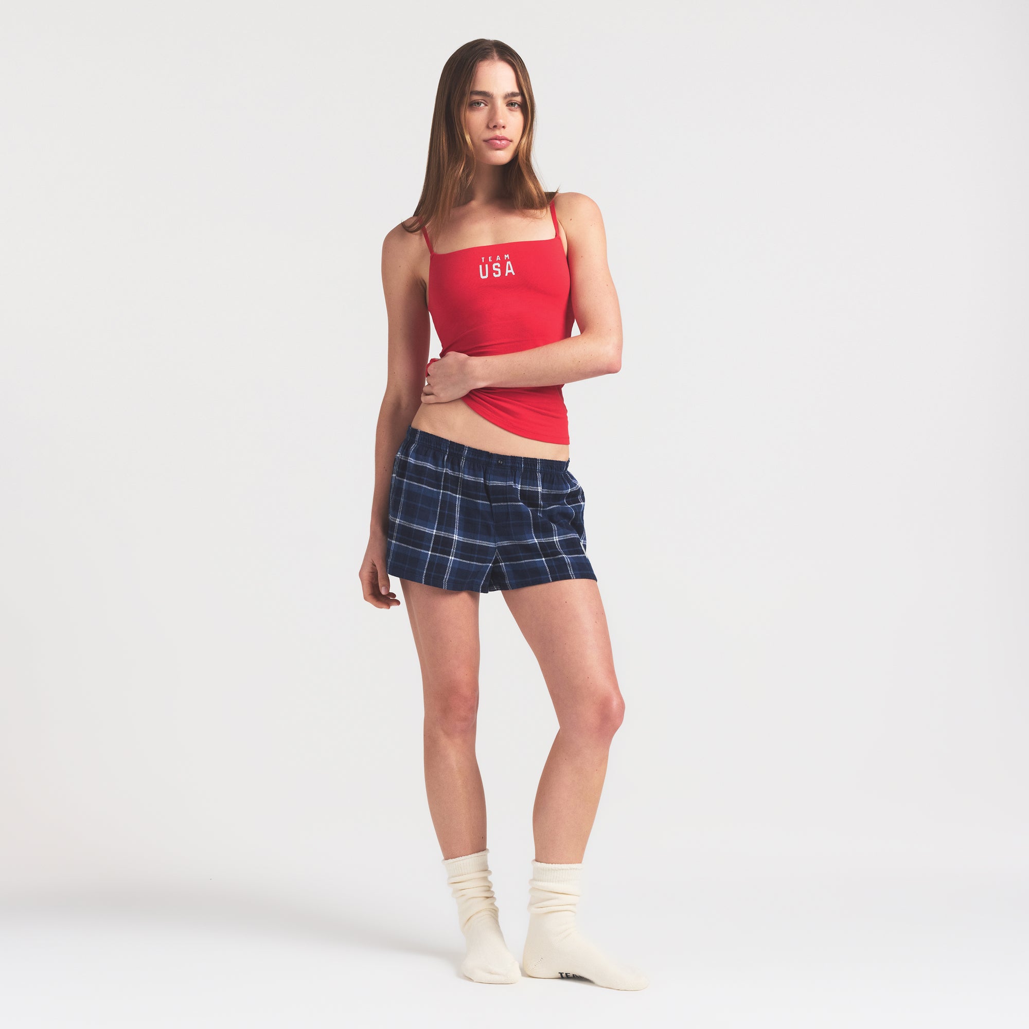 SKIMS FOR TEAM USA FLANNEL SLEEP OLYMPIC SHORT | NAVY PLAID - Image 2