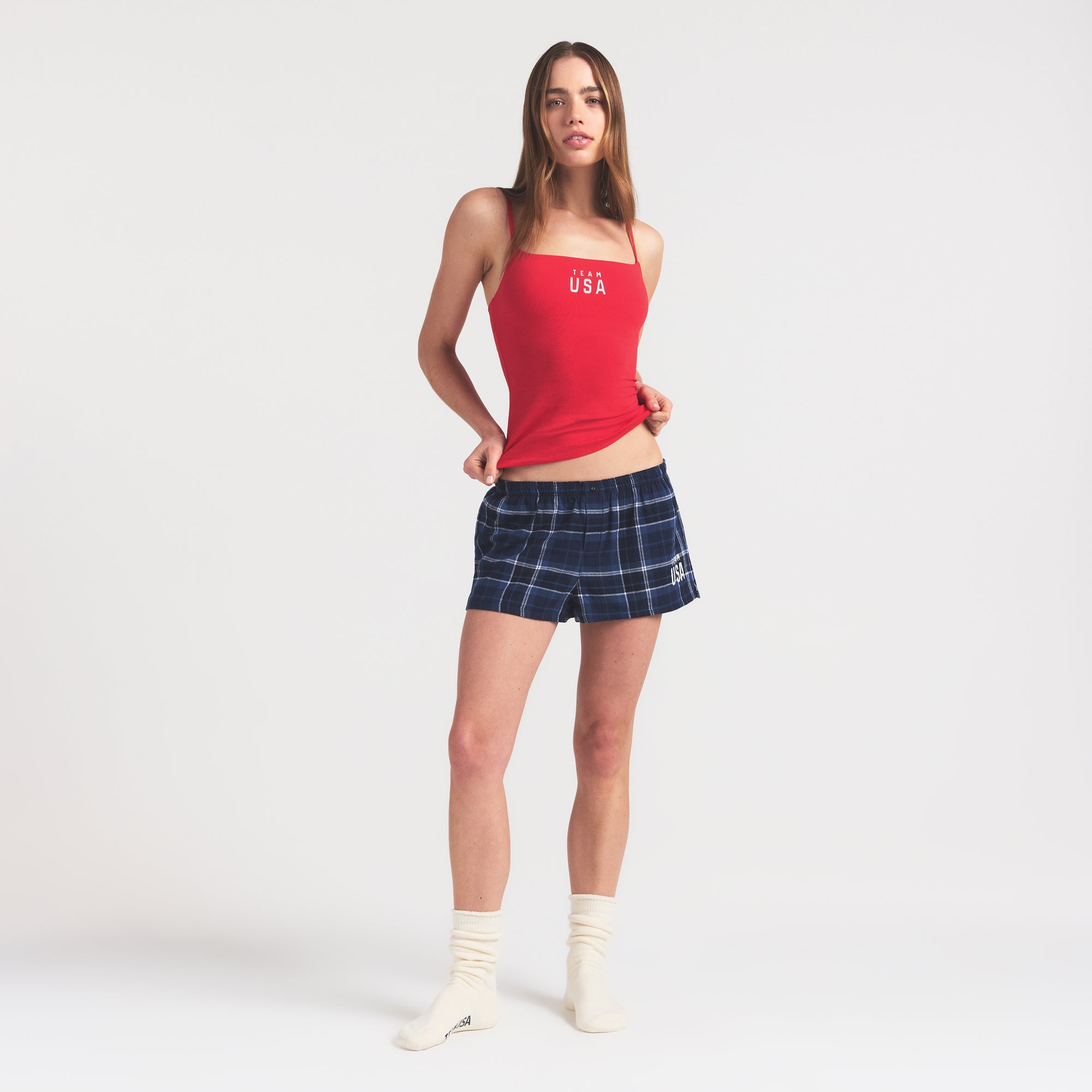 SKIMS FOR TEAM USA FLANNEL SLEEP OLYMPIC SHORT | NAVY PLAID - Image 4
