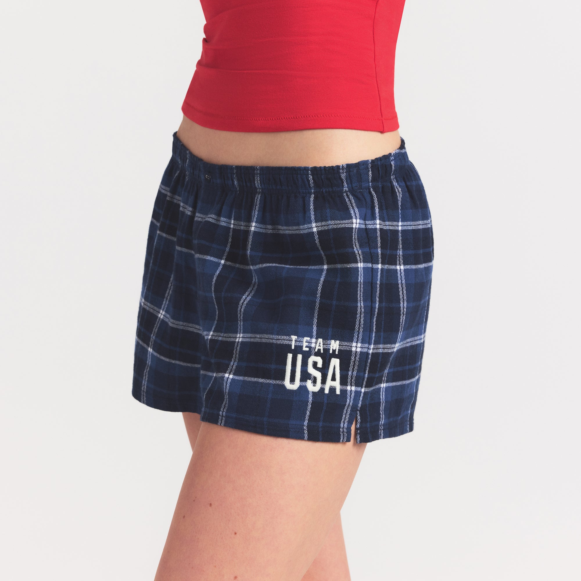 SKIMS FOR TEAM USA FLANNEL SLEEP OLYMPIC SHORT | NAVY PLAID - Image 3