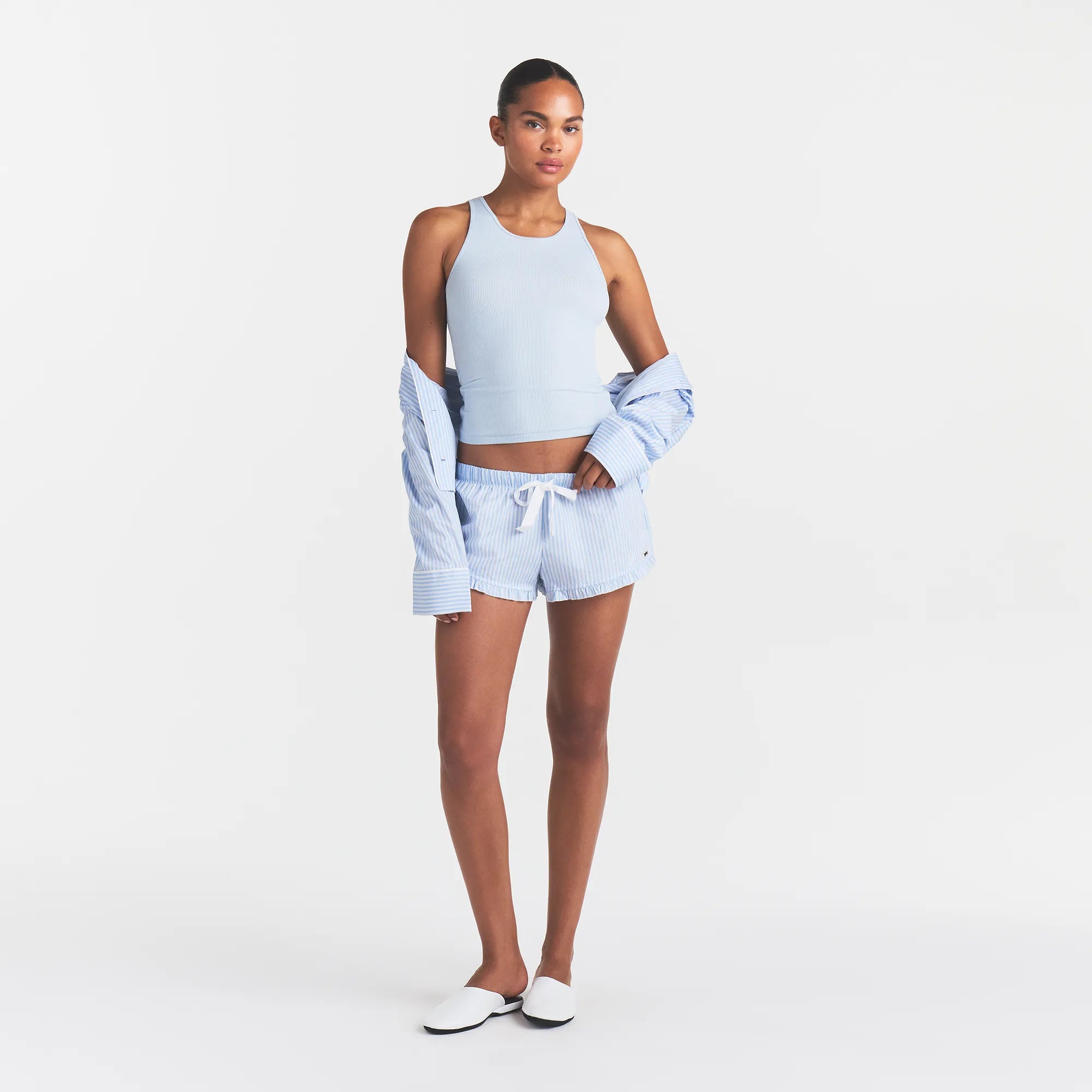 COTTON POPLIN SLEEP RUFFLE SHORT | MARINA MESH STRIPE - Image 2