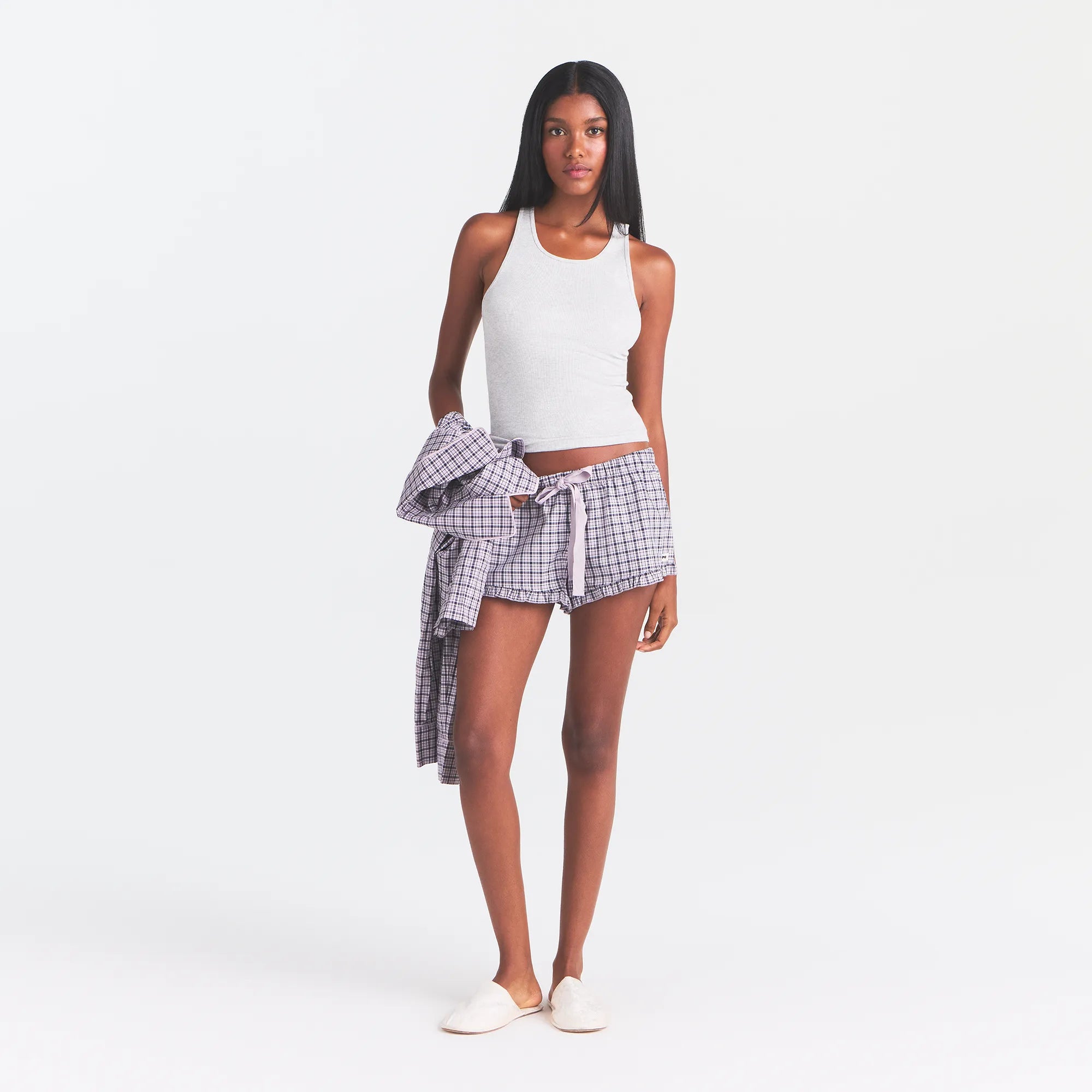 COTTON POPLIN SLEEP RUFFLE SHORT | IRIS MICA NAVY CHECK - Image 3