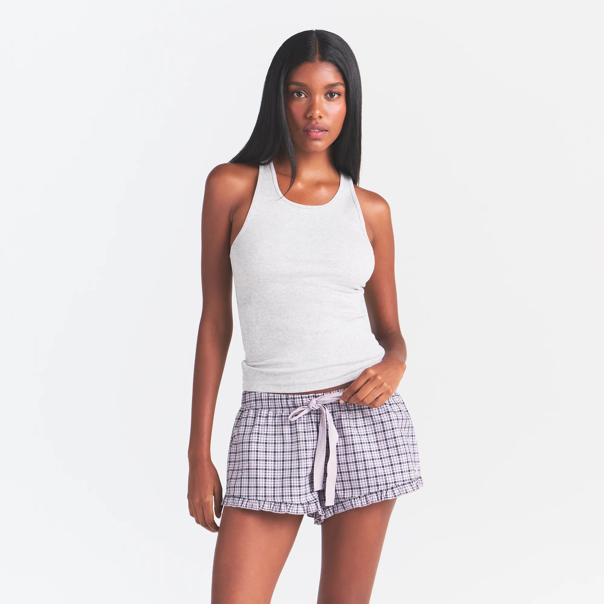 COTTON POPLIN SLEEP RUFFLE SHORT | IRIS MICA NAVY CHECK - Image 2