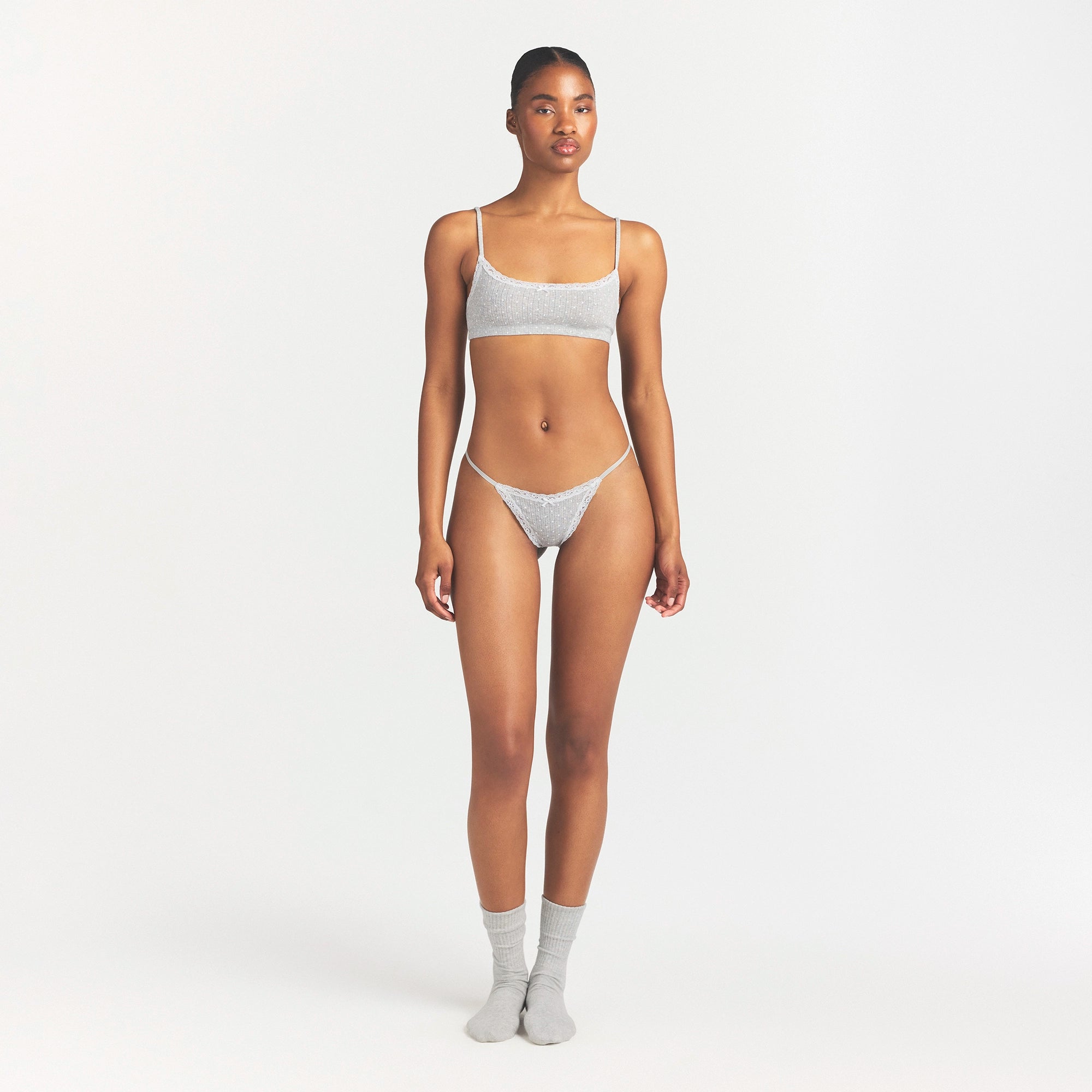 LIGHTWEIGHT COTTON POINTELLE SCOOP BRALETTE | LIGHT HEATHER GREY PIN DOT - Image 2