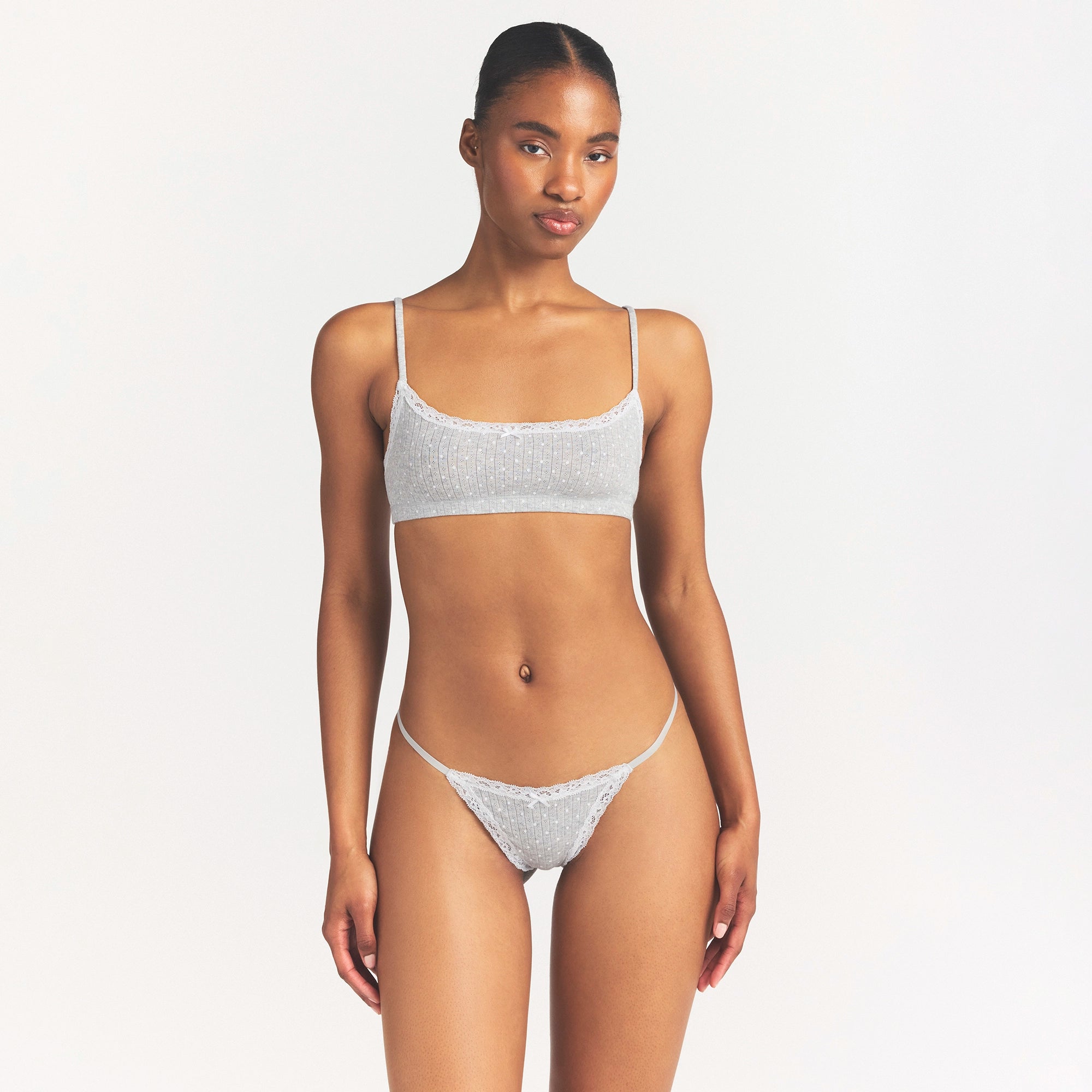 LIGHTWEIGHT COTTON POINTELLE SCOOP BRALETTE | LIGHT HEATHER GREY PIN DOT - Image 3