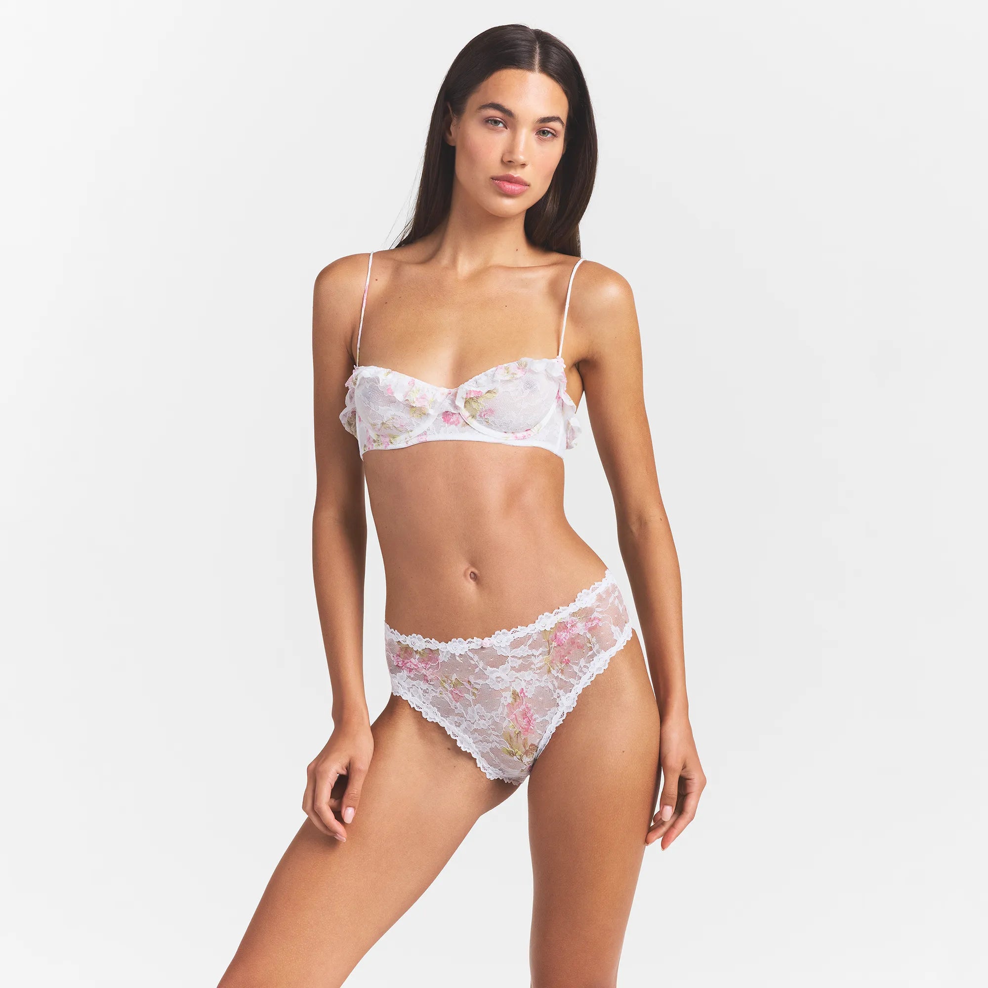STRETCH LACE RUFFLE UNLINED BRA | SNOW VINTAGE FLORAL PRINT - Image 3