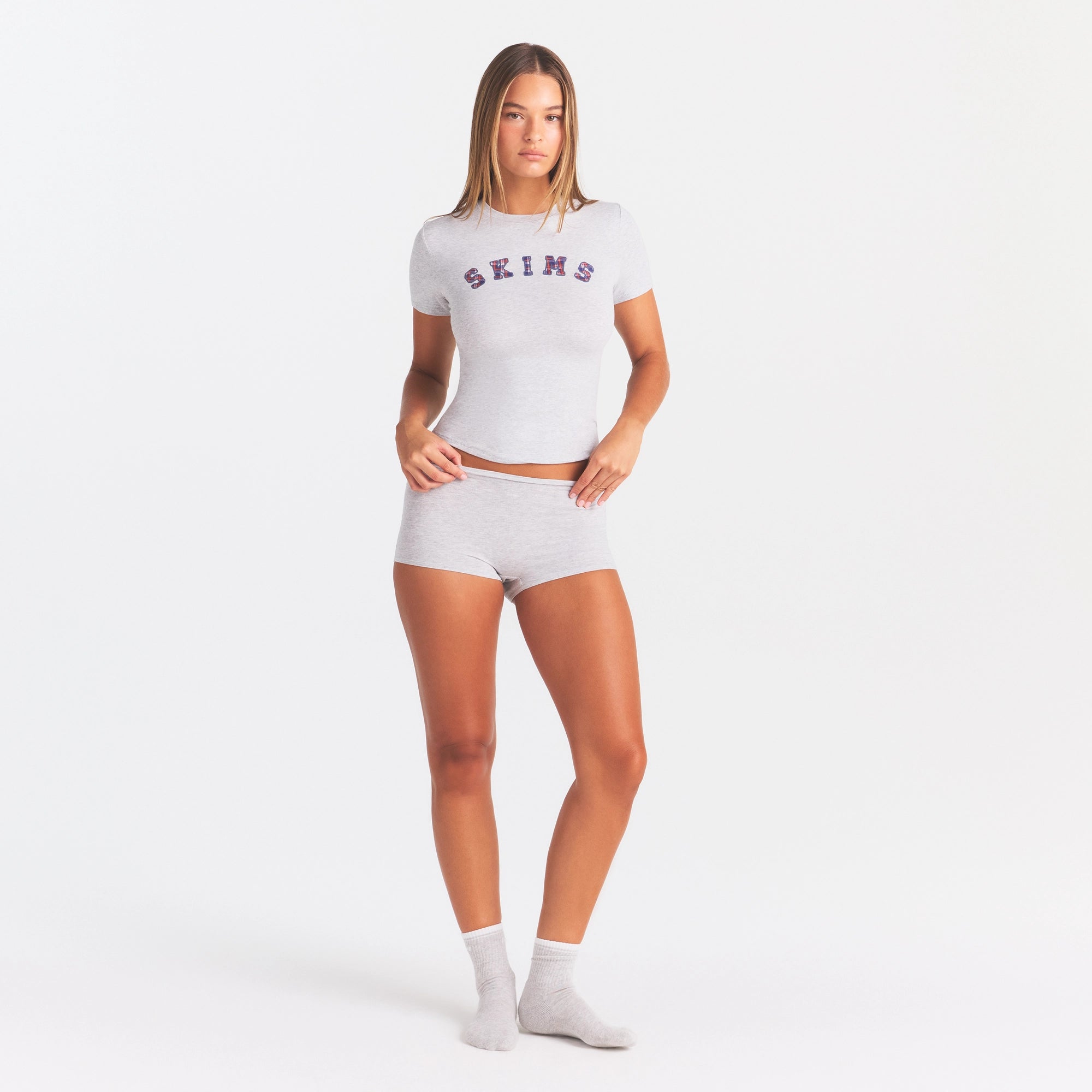COTTON JERSEY LOGO BOY SHORT | LIGHT HEATHER GREY ARCHED SKIMS PLAID - Image 4
