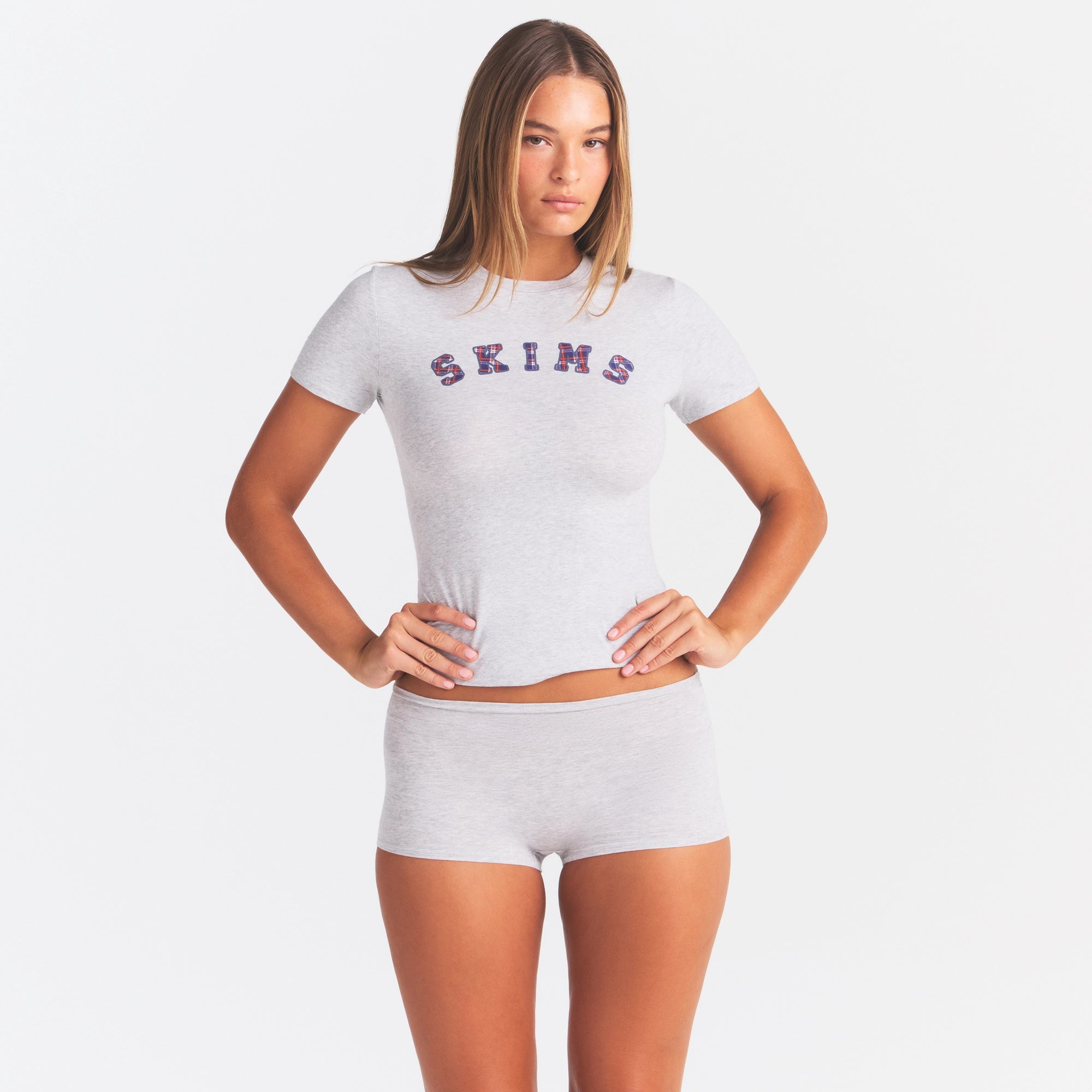 COTTON JERSEY LOGO BOY SHORT | LIGHT HEATHER GREY ARCHED SKIMS PLAID - Image 3