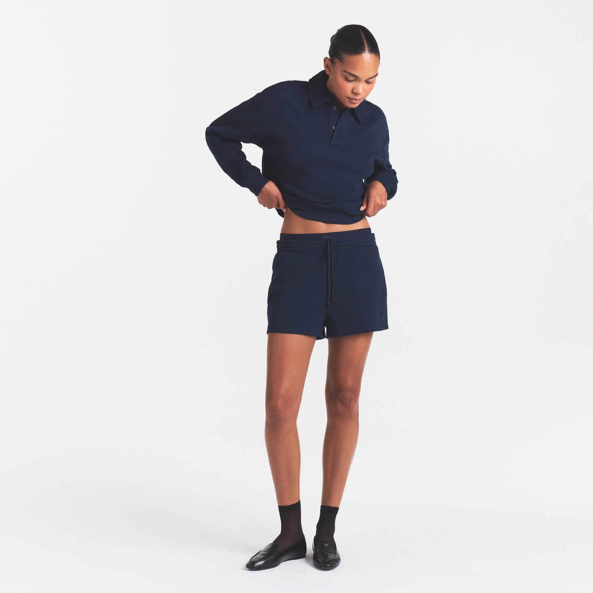 COTTON FLEECE DOUBLE WAISTBAND SHORT | NAVY - Image 5