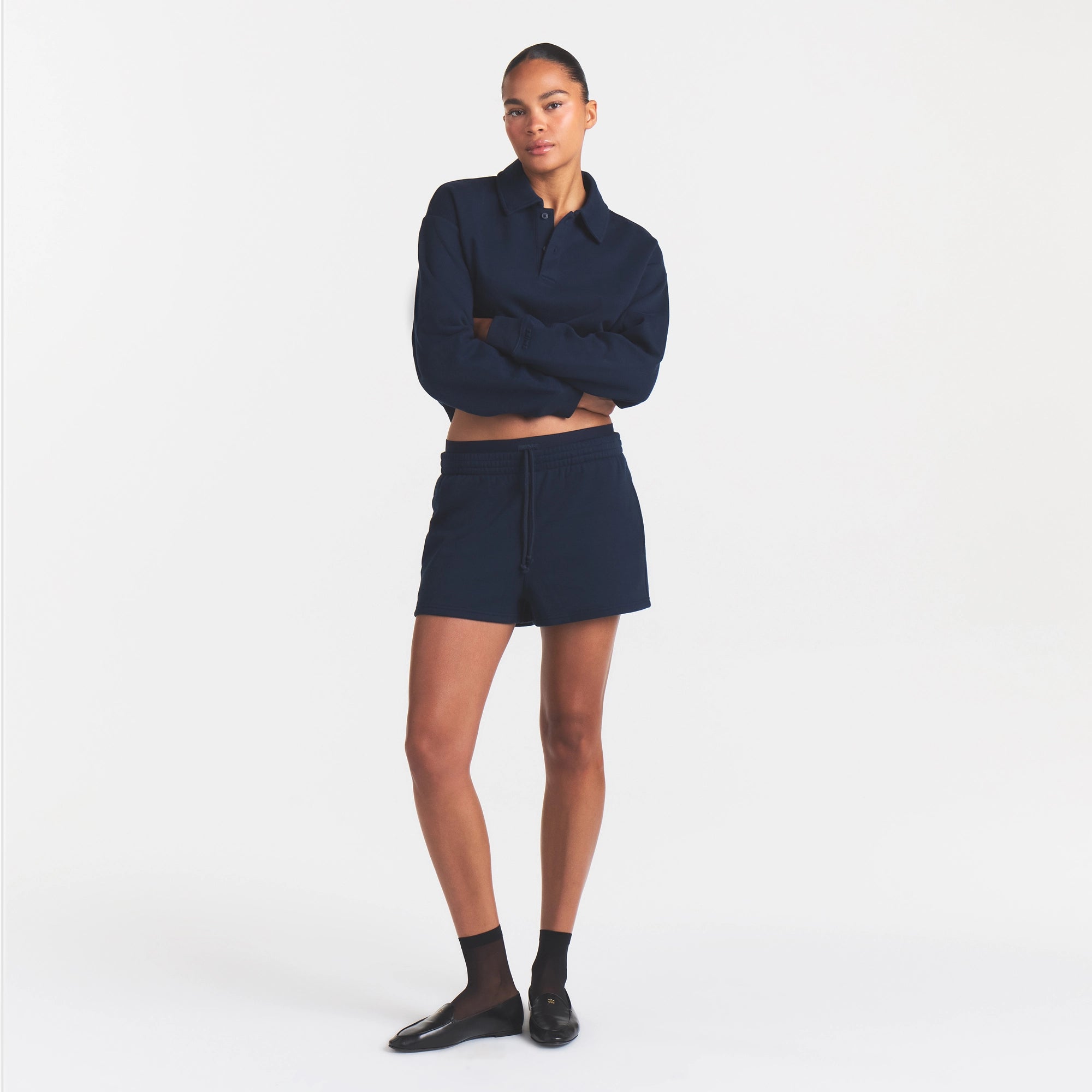 COTTON FLEECE DOUBLE WAISTBAND SHORT | NAVY - Image 2