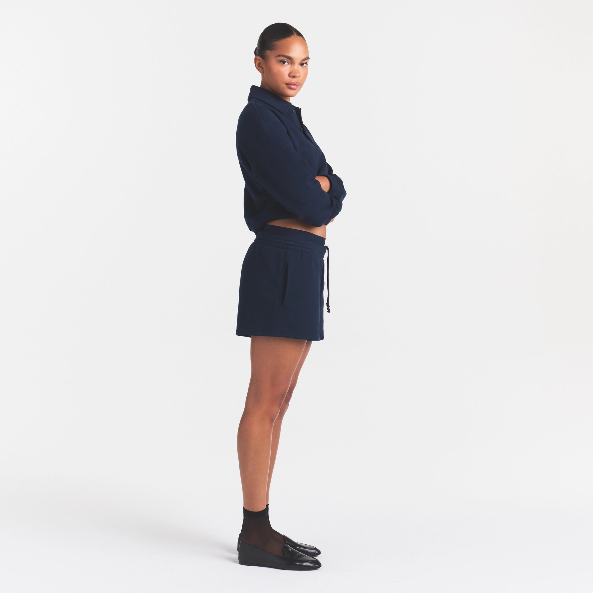 COTTON FLEECE DOUBLE WAISTBAND SHORT | NAVY - Image 4