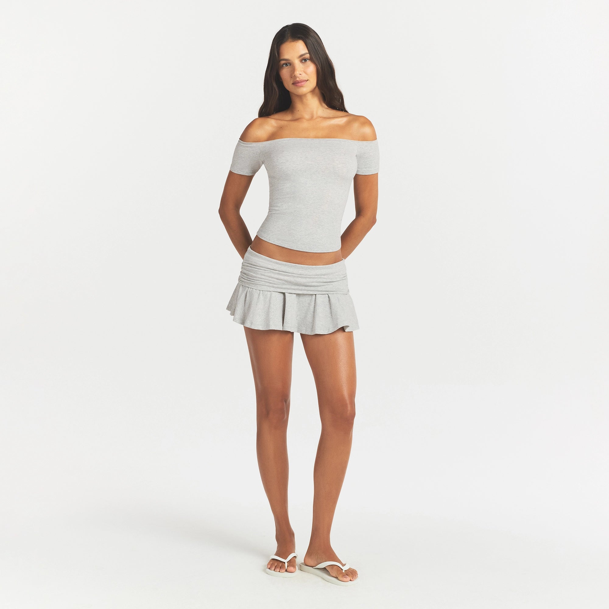 COTTON JERSEY FOLDOVER MINI SKORT | LIGHT HEATHER GREY - Image 2