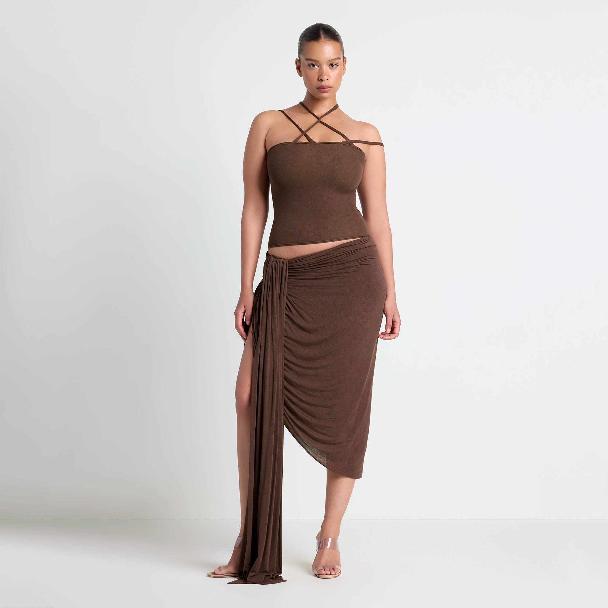 VETTESE X SKIMS SHEER MODAL DRAPED MIDI SKIRT | COCOA - Image 2