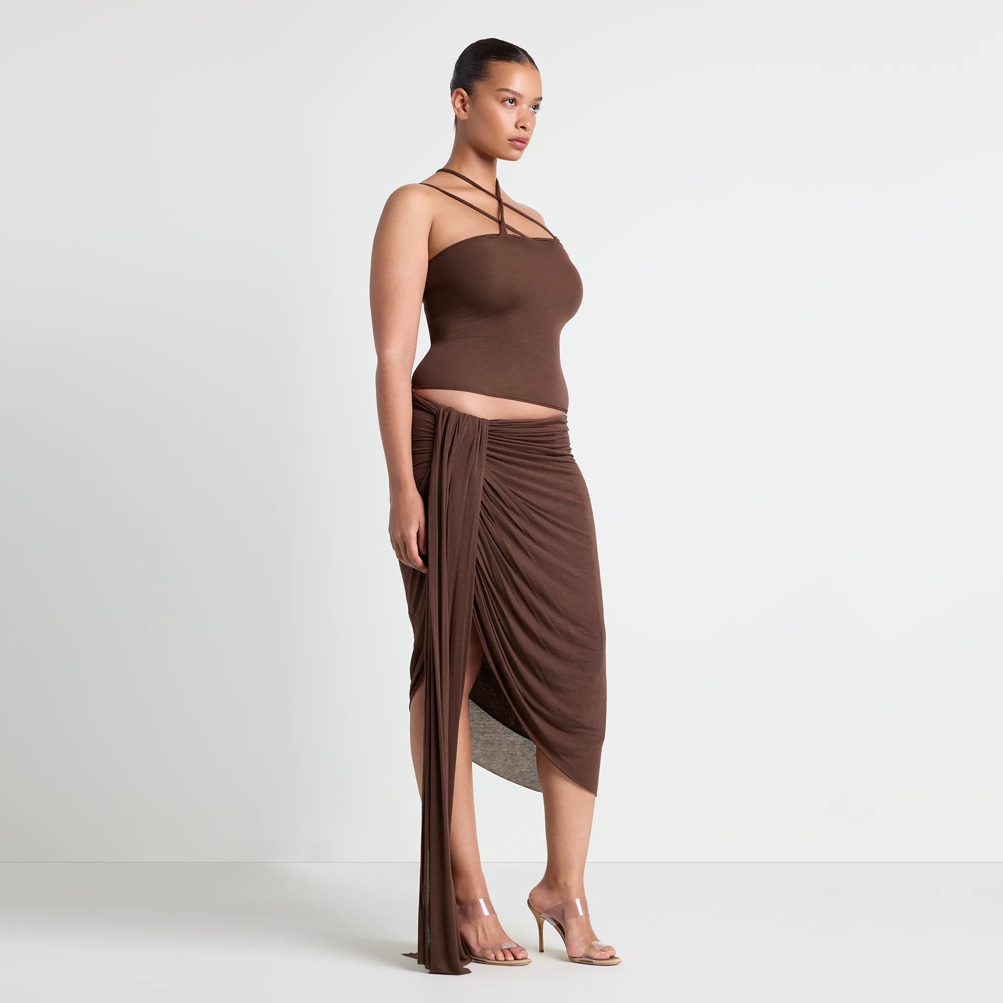 VETTESE X SKIMS SHEER MODAL DRAPED MIDI SKIRT | COCOA - Image 4