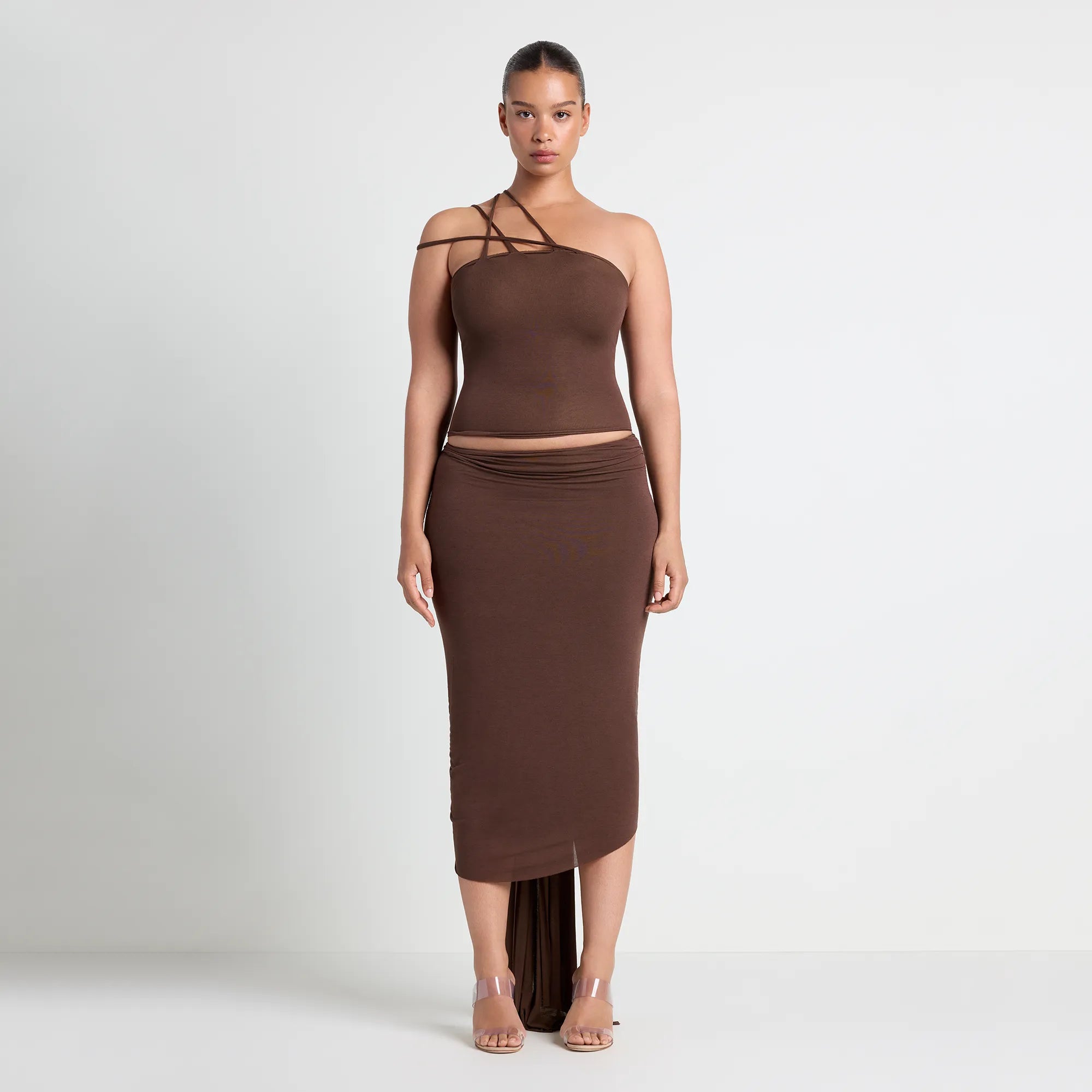 VETTESE X SKIMS SHEER MODAL DRAPED MIDI SKIRT | COCOA - Image 3