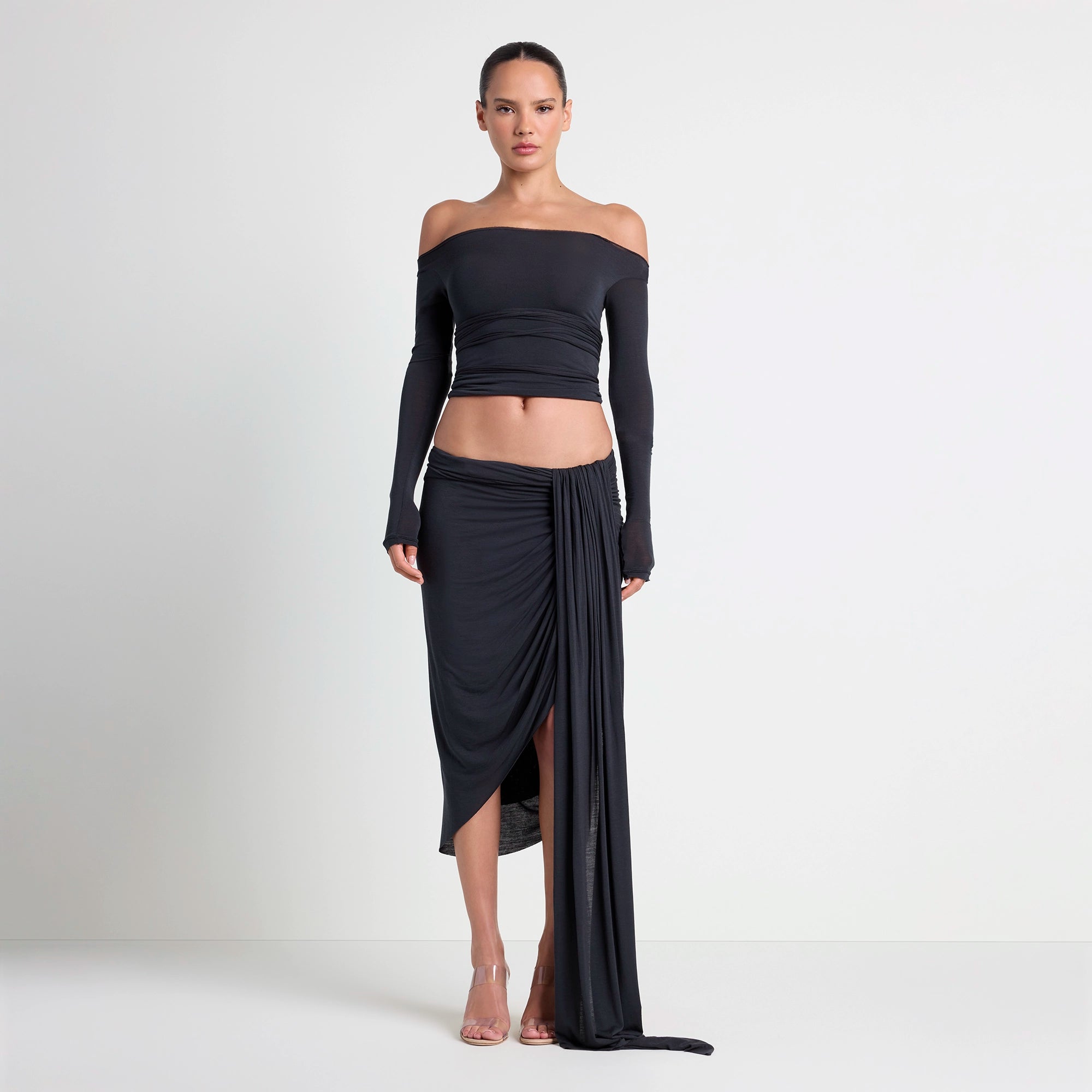 VETTESE X SKIMS SHEER MODAL DRAPED MIDI SKIRT | ONYX - Image 2