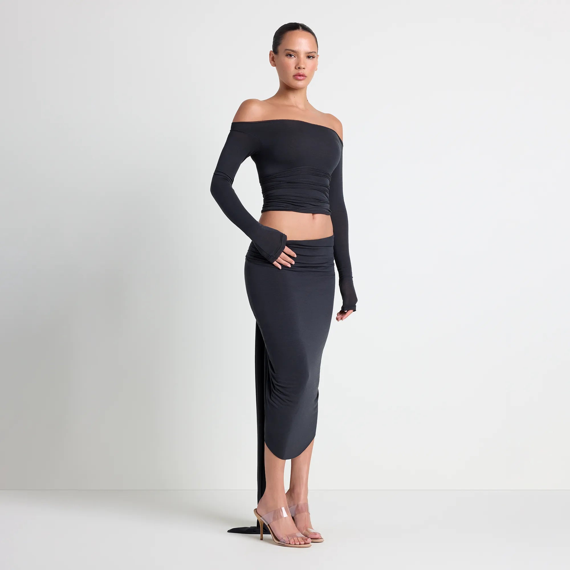 VETTESE X SKIMS SHEER MODAL DRAPED MIDI SKIRT | ONYX - Image 3
