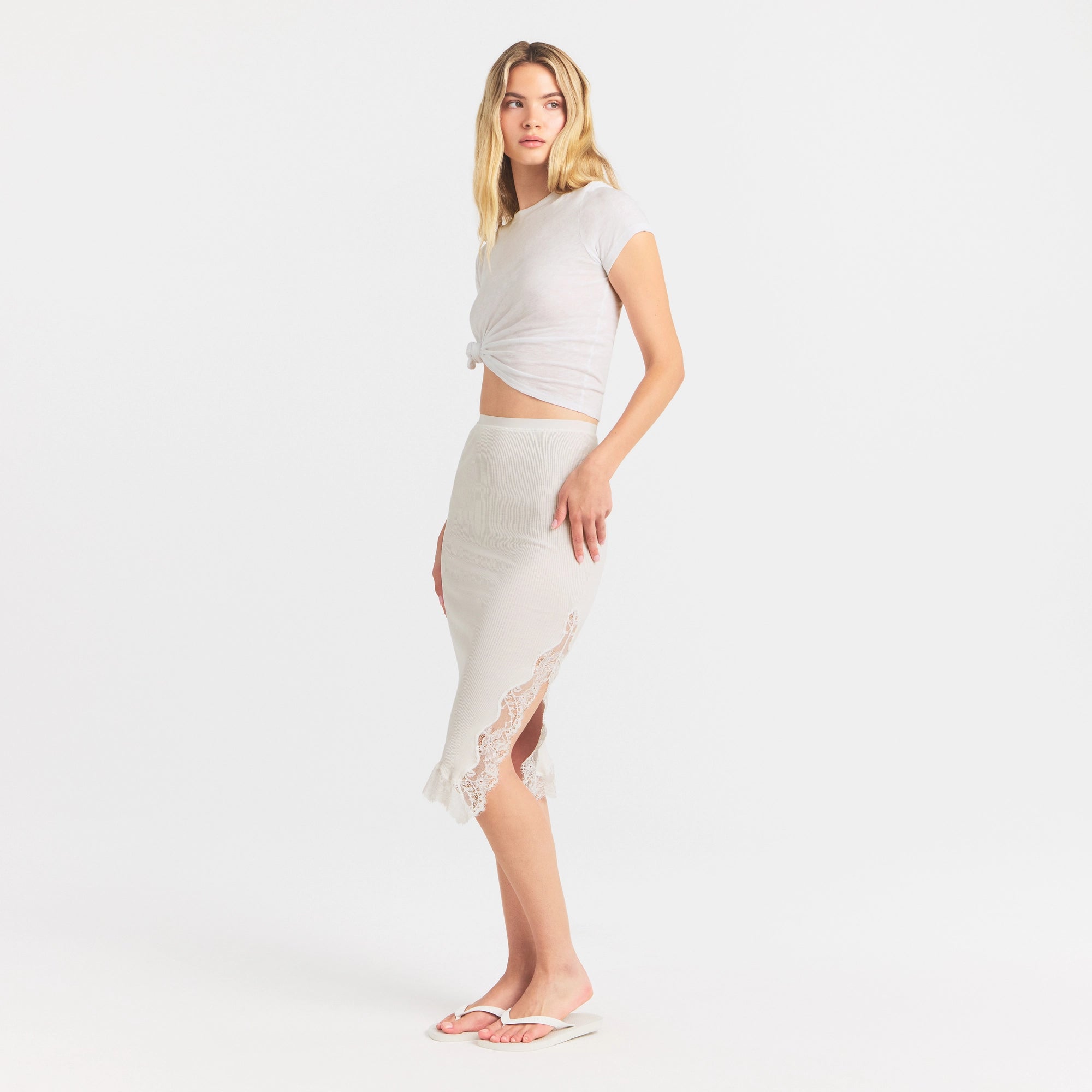 RIB KNIT LACE MIDI SKIRT | EGRET - Image 4