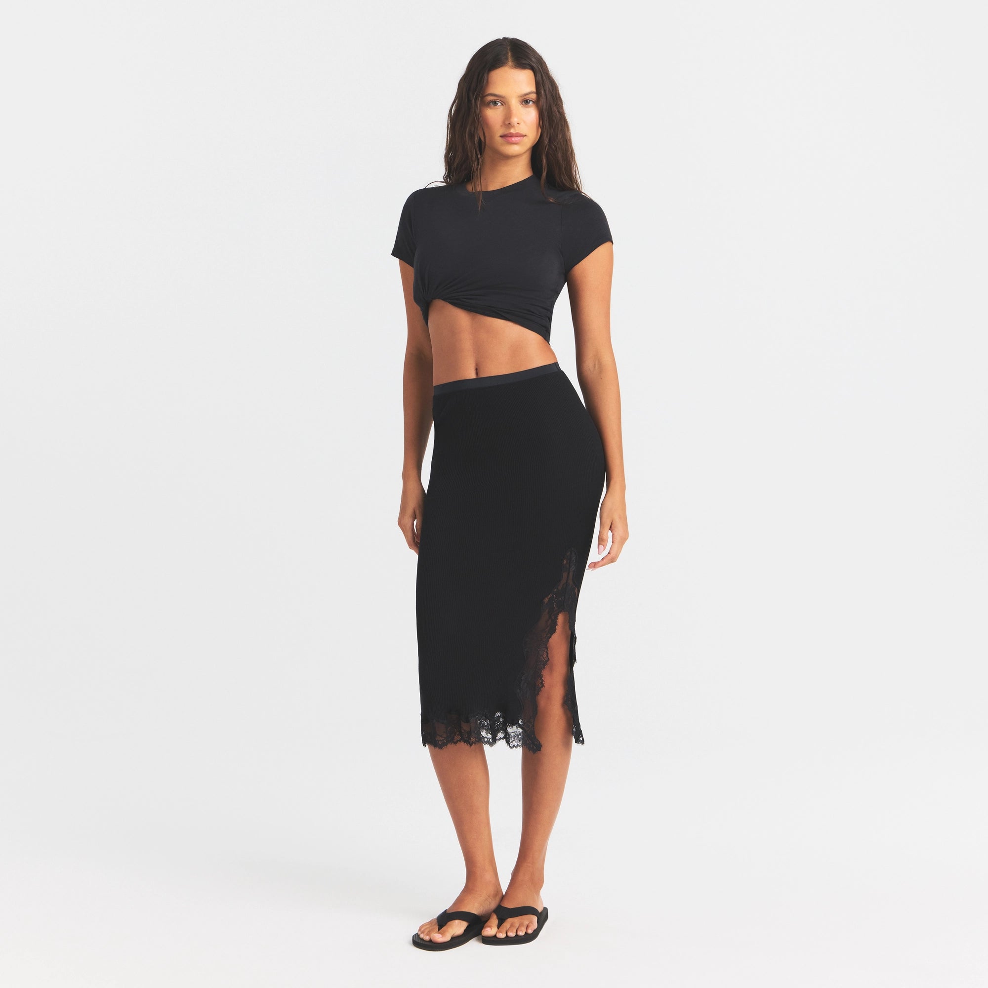 RIB KNIT LACE MIDI SKIRT | OBSIDIAN - Image 2