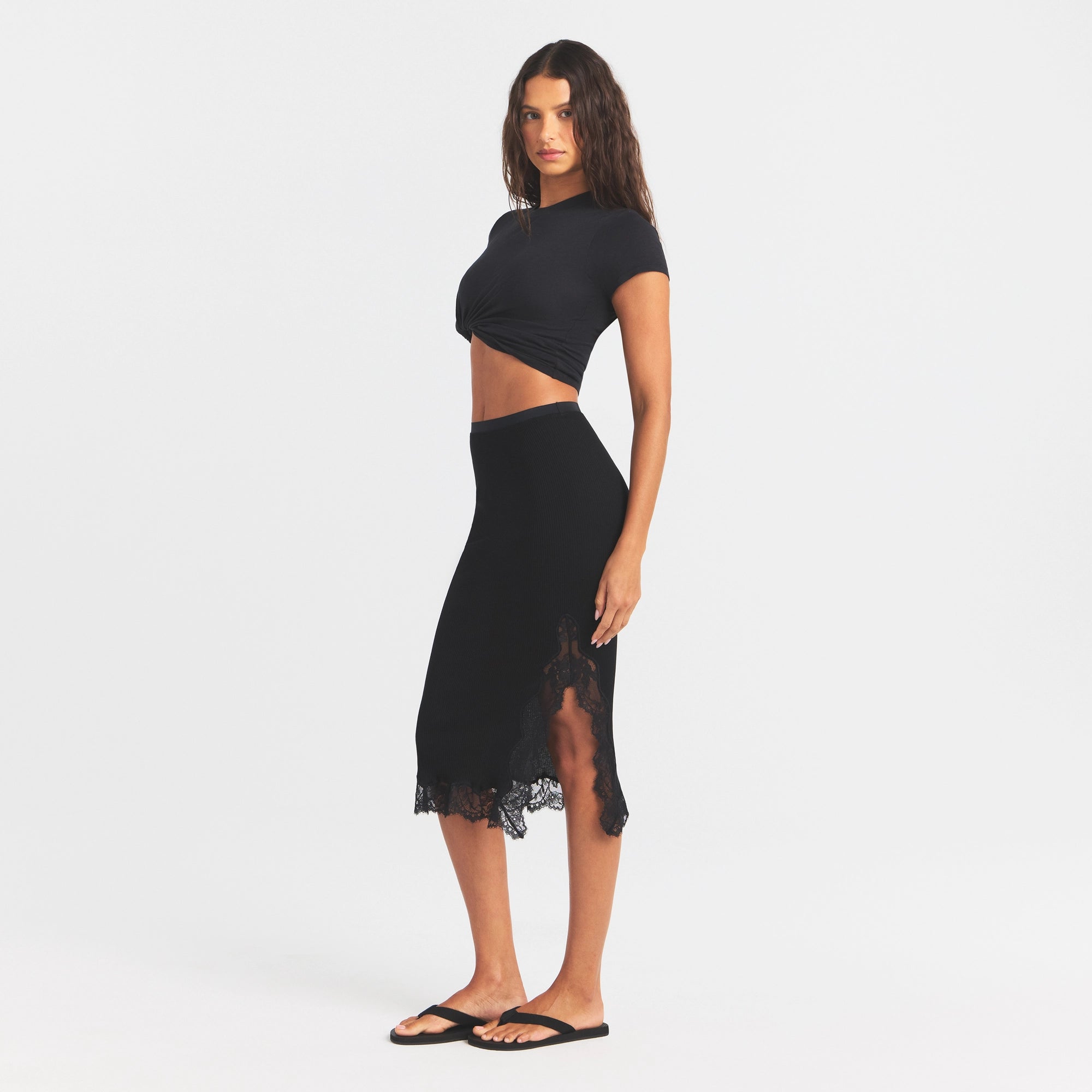 RIB KNIT LACE MIDI SKIRT | OBSIDIAN - Image 4