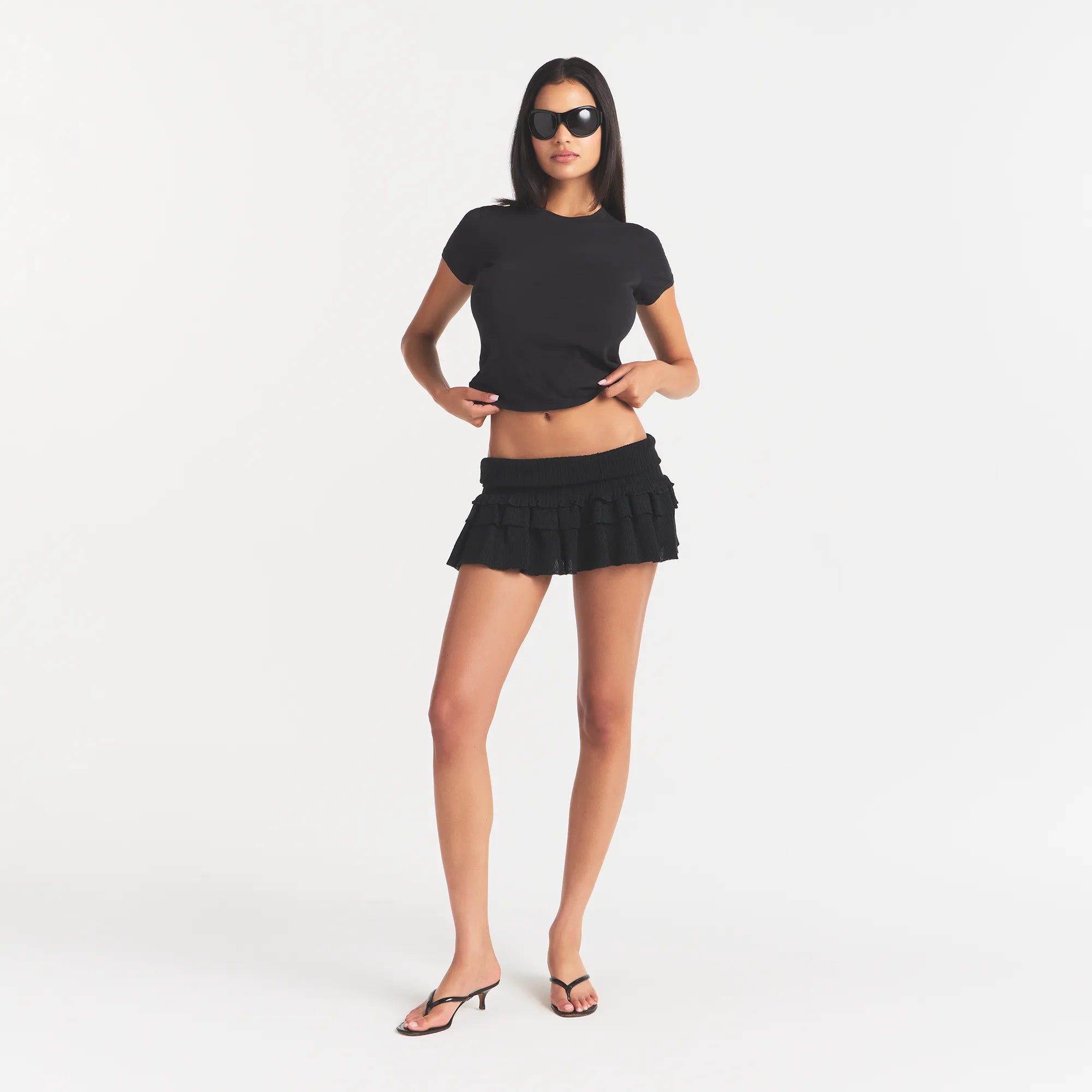 SHEER KNIT RUFFLE MINI SKIRT | ONYX - Image 2