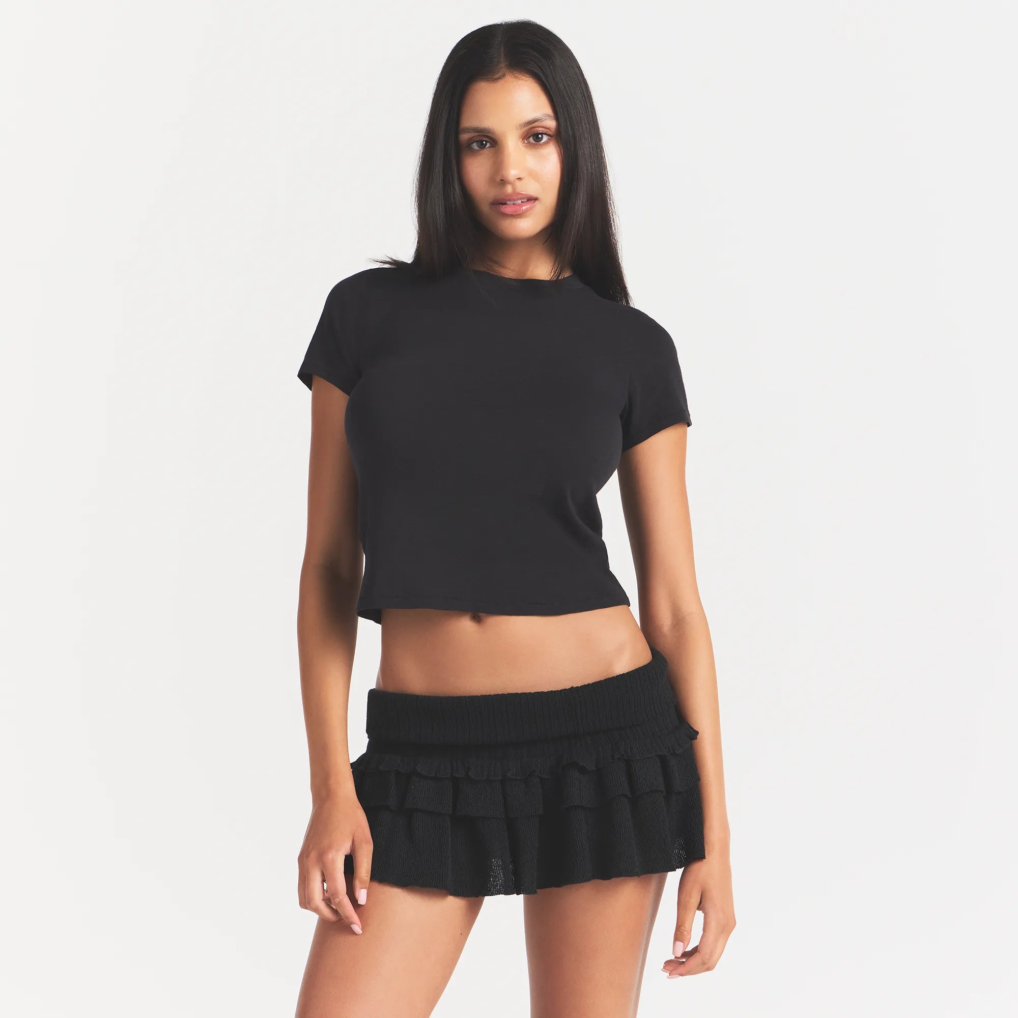 SHEER KNIT RUFFLE MINI SKIRT | ONYX - Image 3