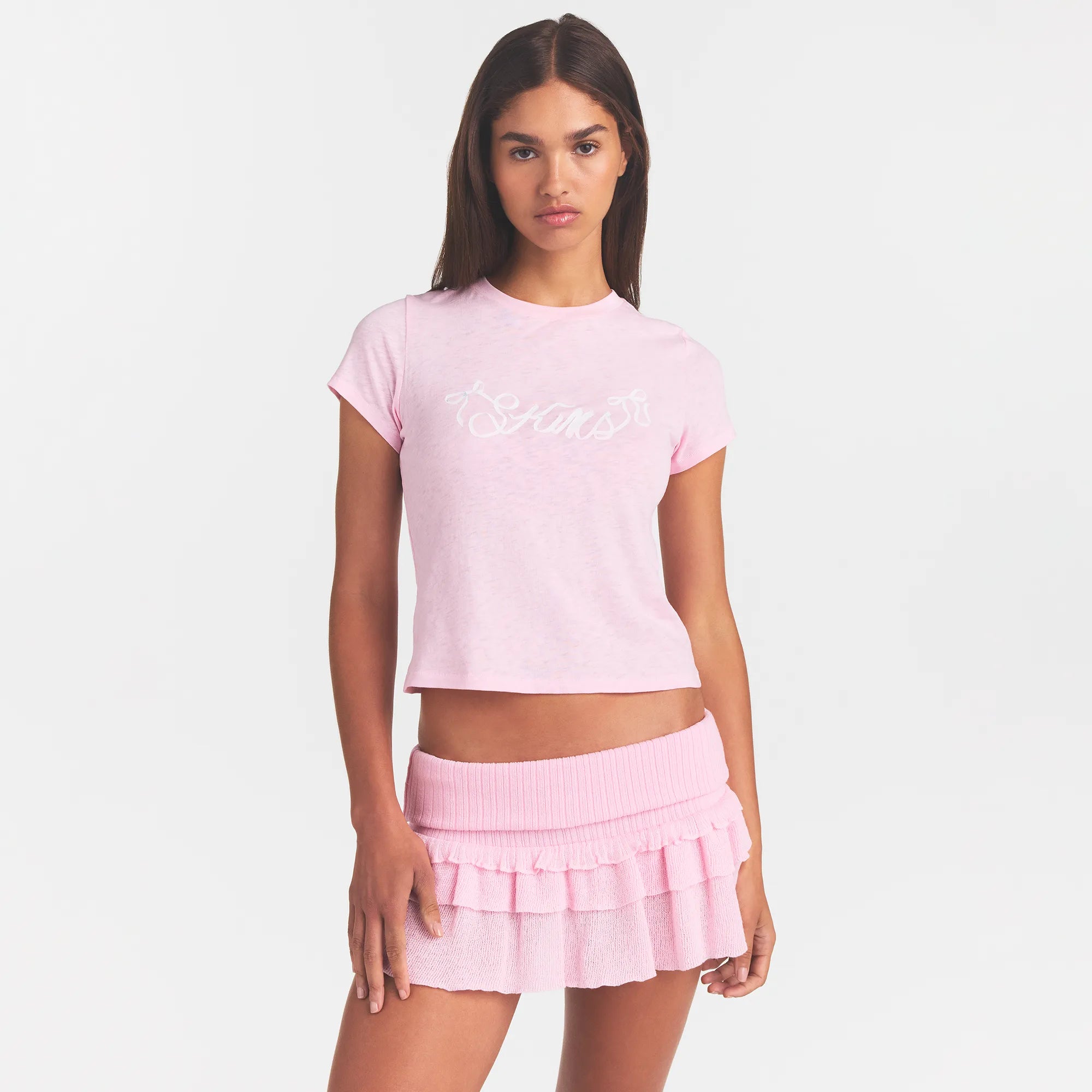 SHEER KNIT RUFFLE MINI SKIRT | PEONY - Image 3