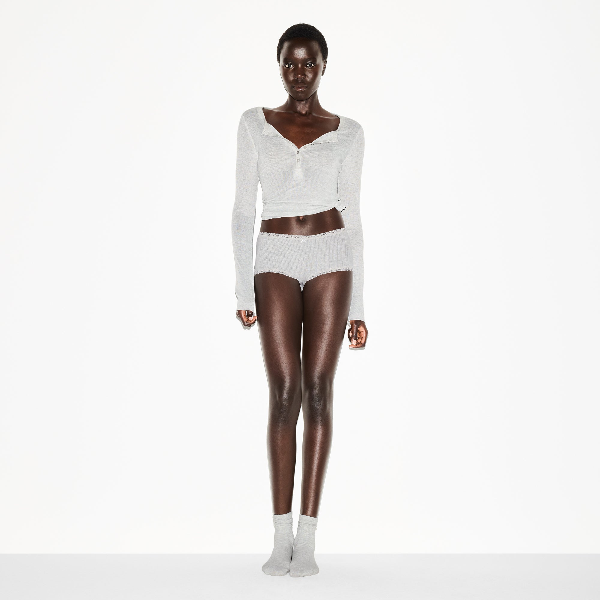 LIGHTWEIGHT COTTON POINTELLE LACE BOY SHORT | LIGHT HEATHER GREY - Image 2