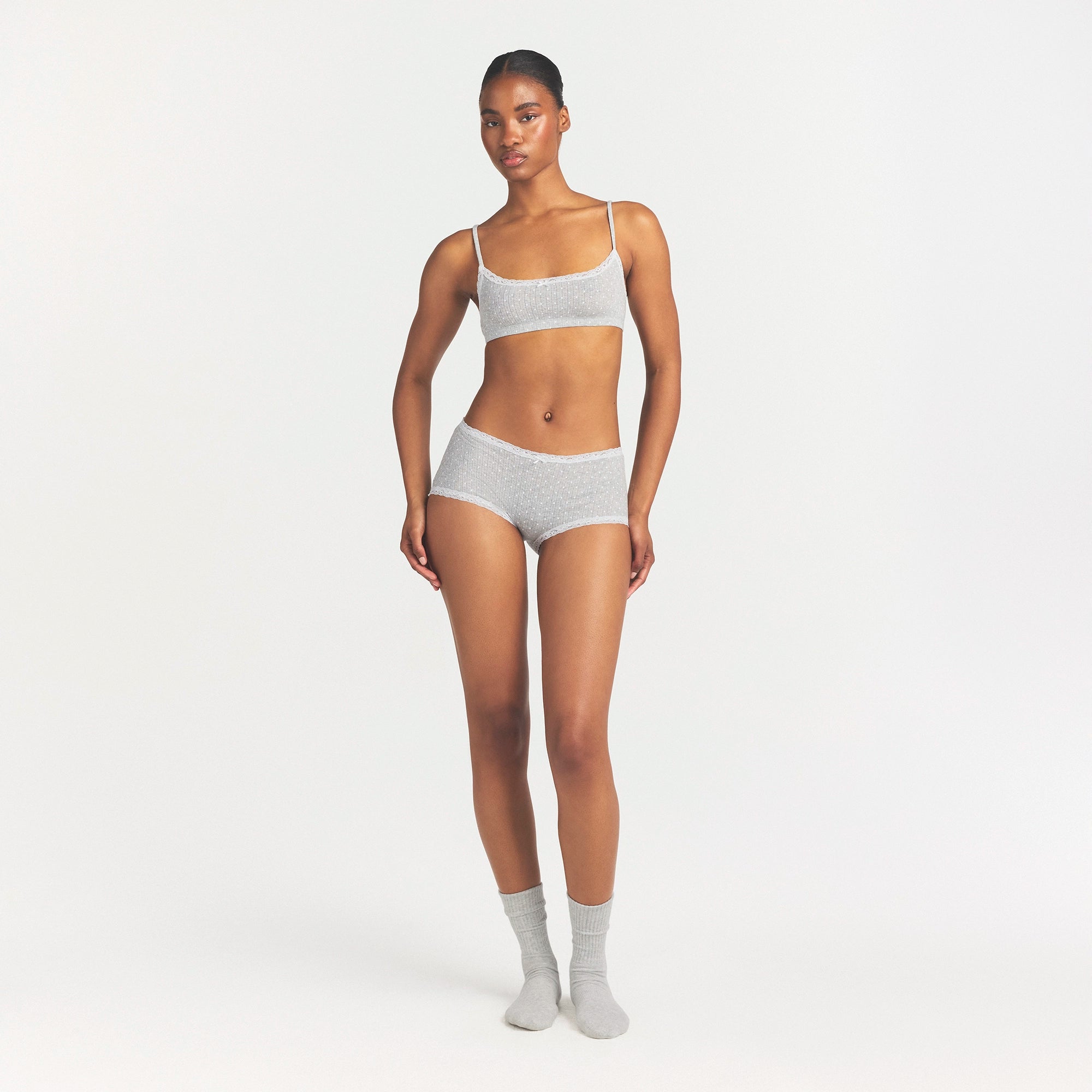 LIGHTWEIGHT COTTON POINTELLE LACE BOY SHORT | LIGHT HEATHER GREY PIN DOT - Image 2