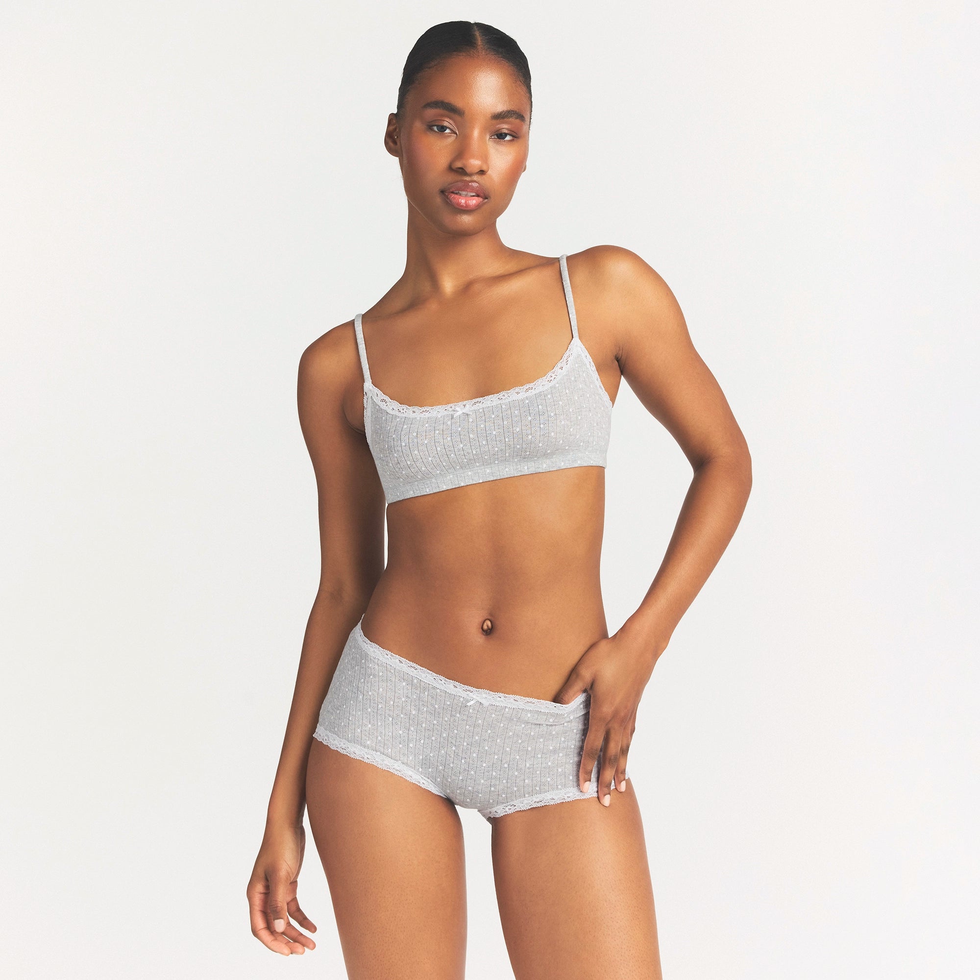 LIGHTWEIGHT COTTON POINTELLE LACE BOY SHORT | LIGHT HEATHER GREY PIN DOT - Image 3