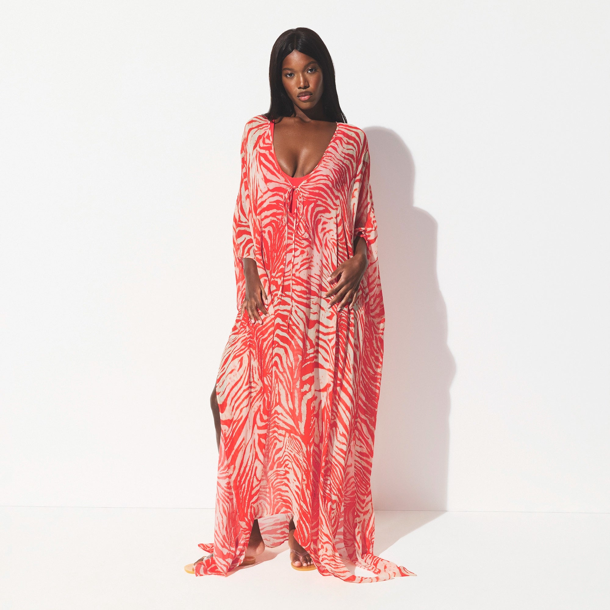 SWIM COVER-UPS SHEER LONG KAFTAN | CARMINE ZEBRA PRINT - Image 2