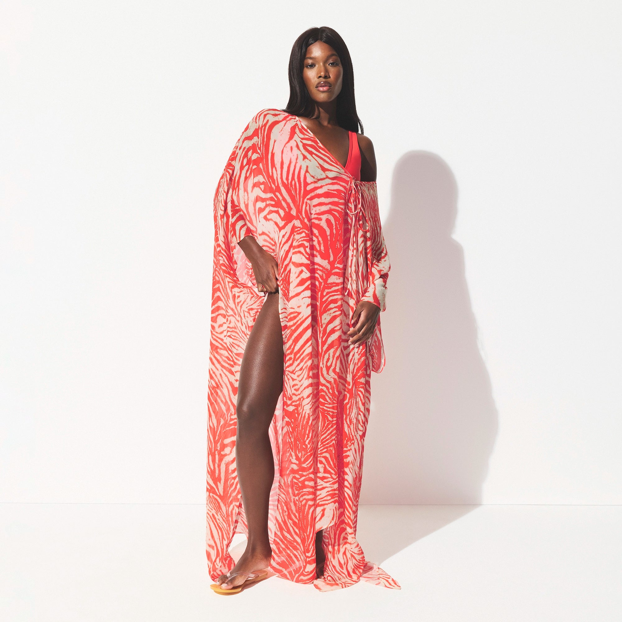 SWIM COVER-UPS SHEER LONG KAFTAN | CARMINE ZEBRA PRINT - Image 3