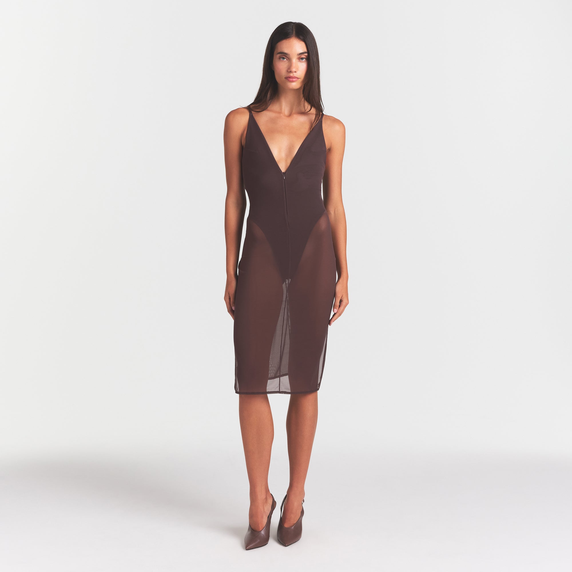 SKIMS BODY MESH PLUNGE MIDI DRESS | RAISIN - Image 2