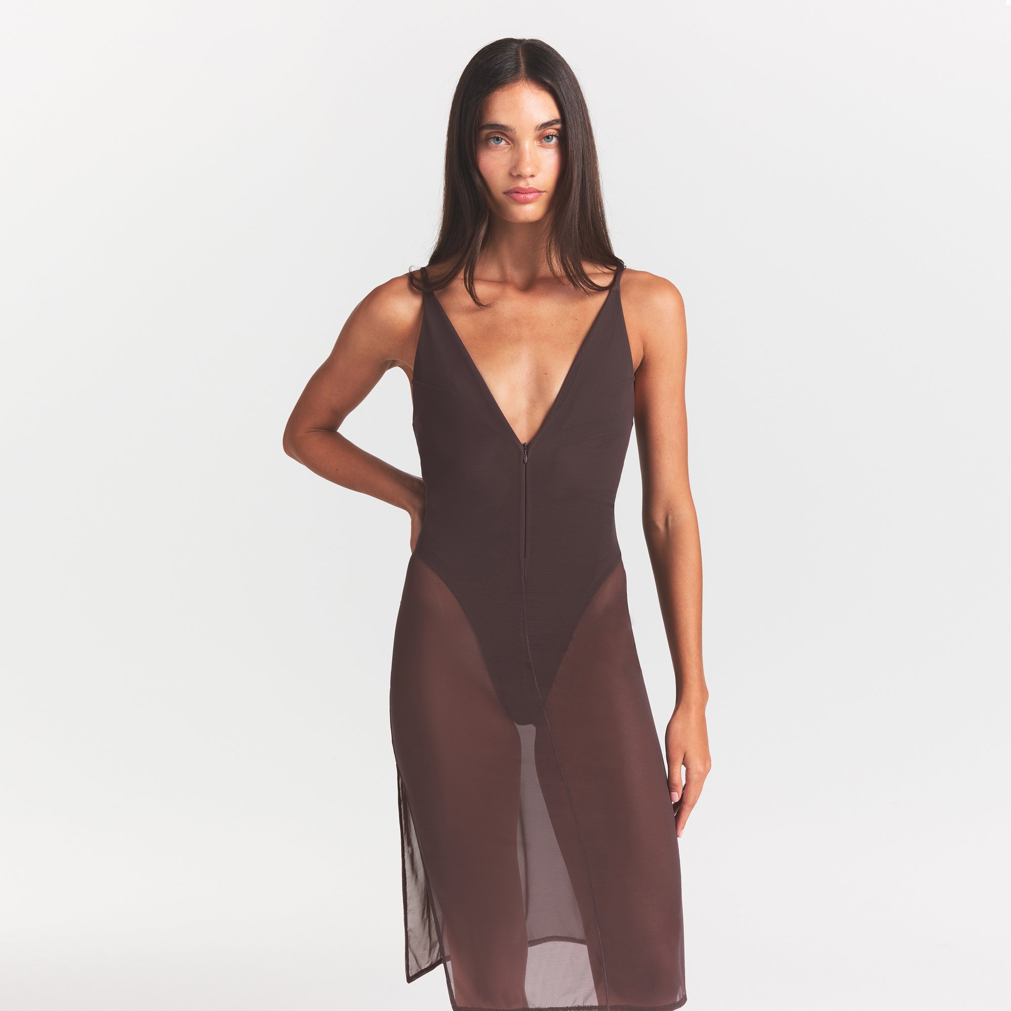 SKIMS BODY MESH PLUNGE MIDI DRESS | RAISIN - Image 3