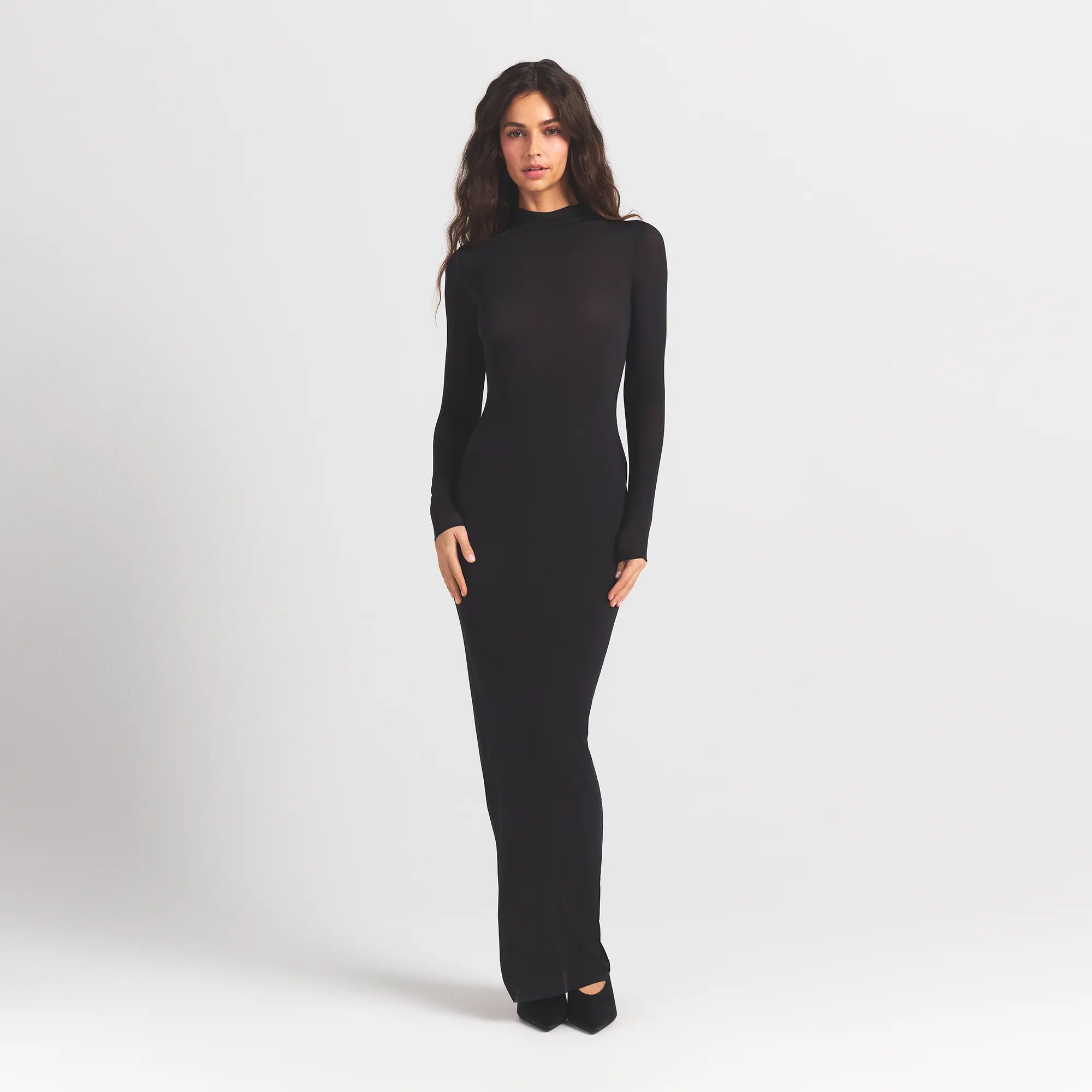 MILKY SHEER MOCK NECK LONG SLEEVE LONG DRESS | OBSIDIAN