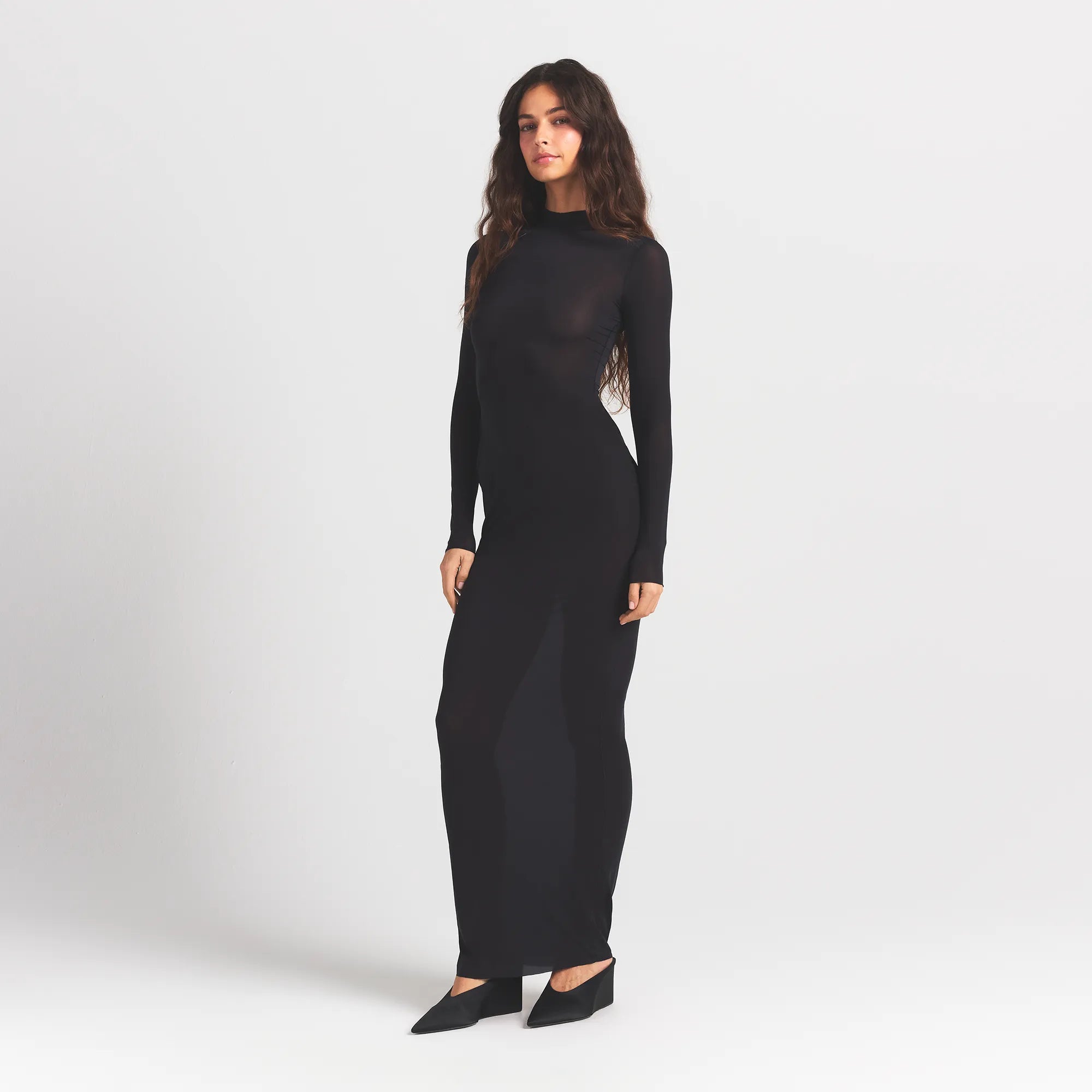 MILKY SHEER MOCK NECK LONG SLEEVE LONG DRESS | OBSIDIAN - Image 2