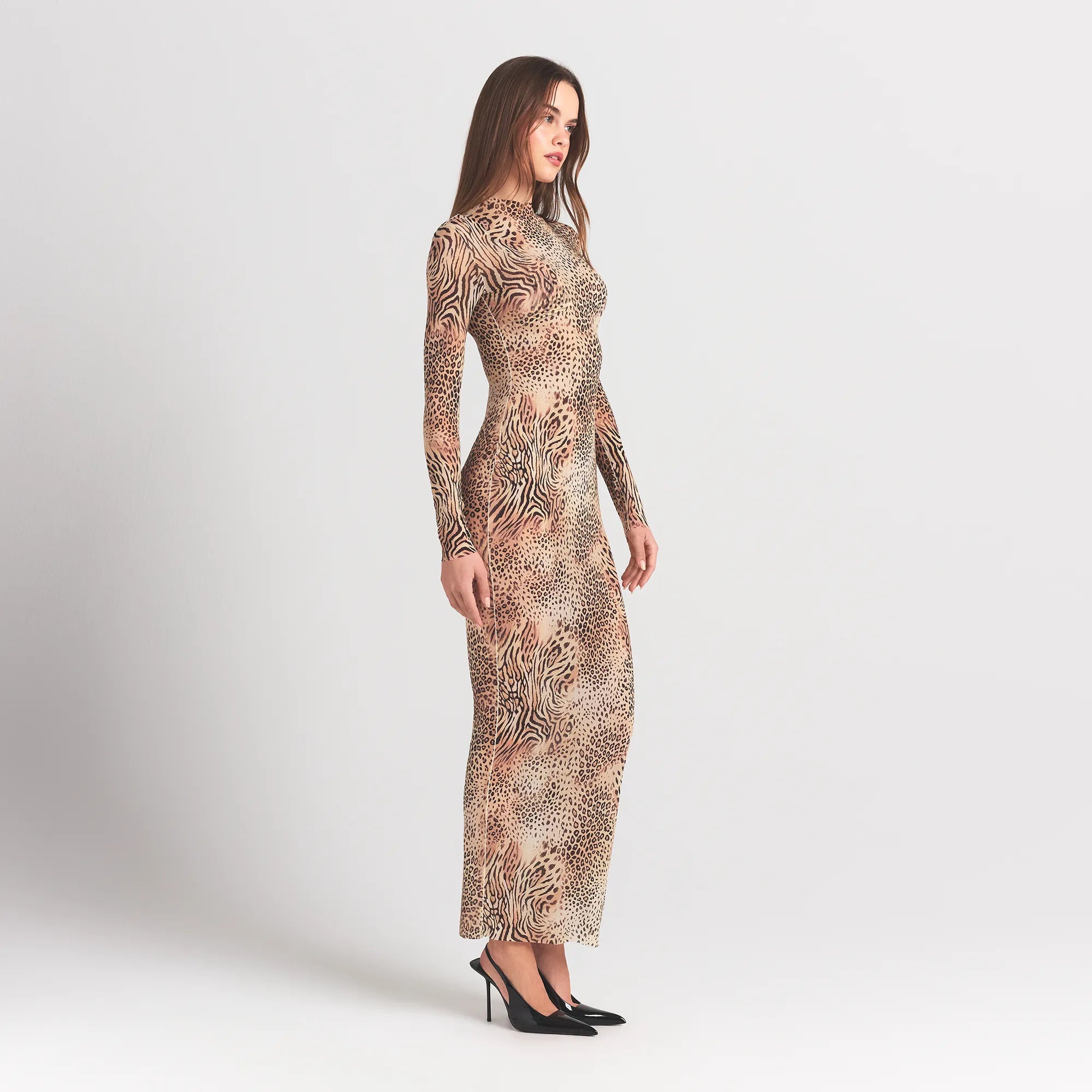MILKY SHEER MOCK NECK LONG SLEEVE LONG DRESS | SAND MULTI ANIMAL - Image 2