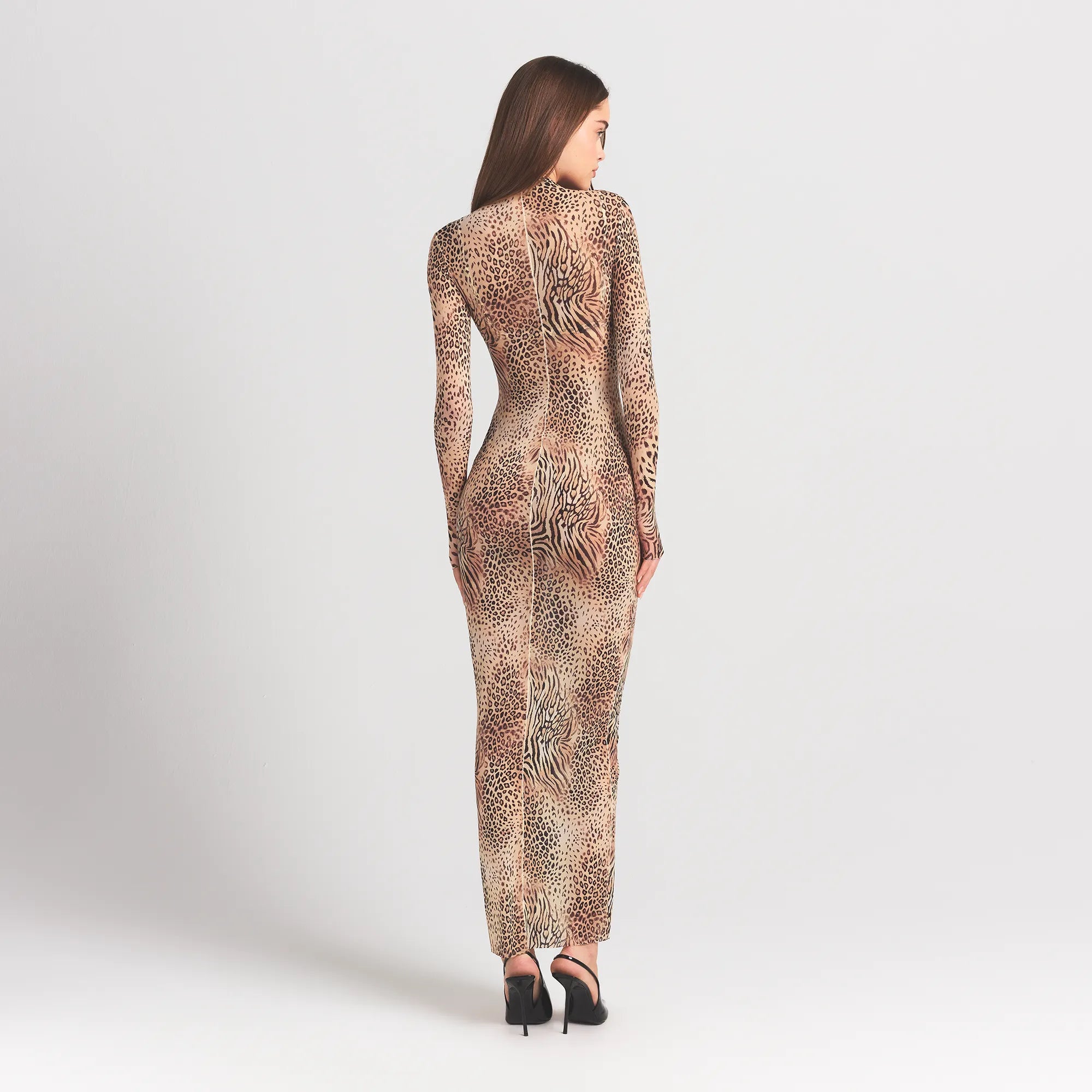 MILKY SHEER MOCK NECK LONG SLEEVE LONG DRESS | SAND MULTI ANIMAL - Image 3