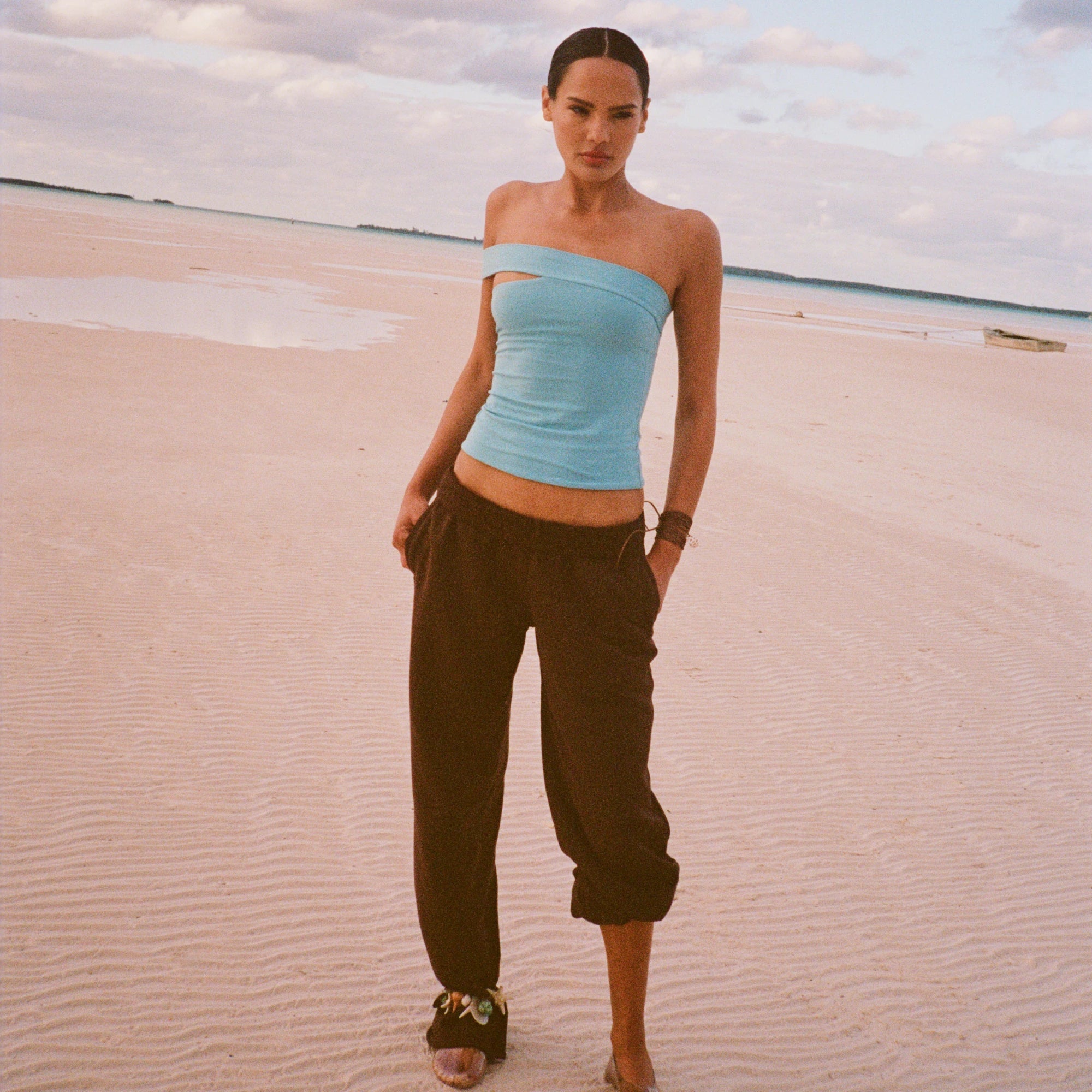 COTTON JERSEY ASYMMETRICAL TOP | WATER - Image 5