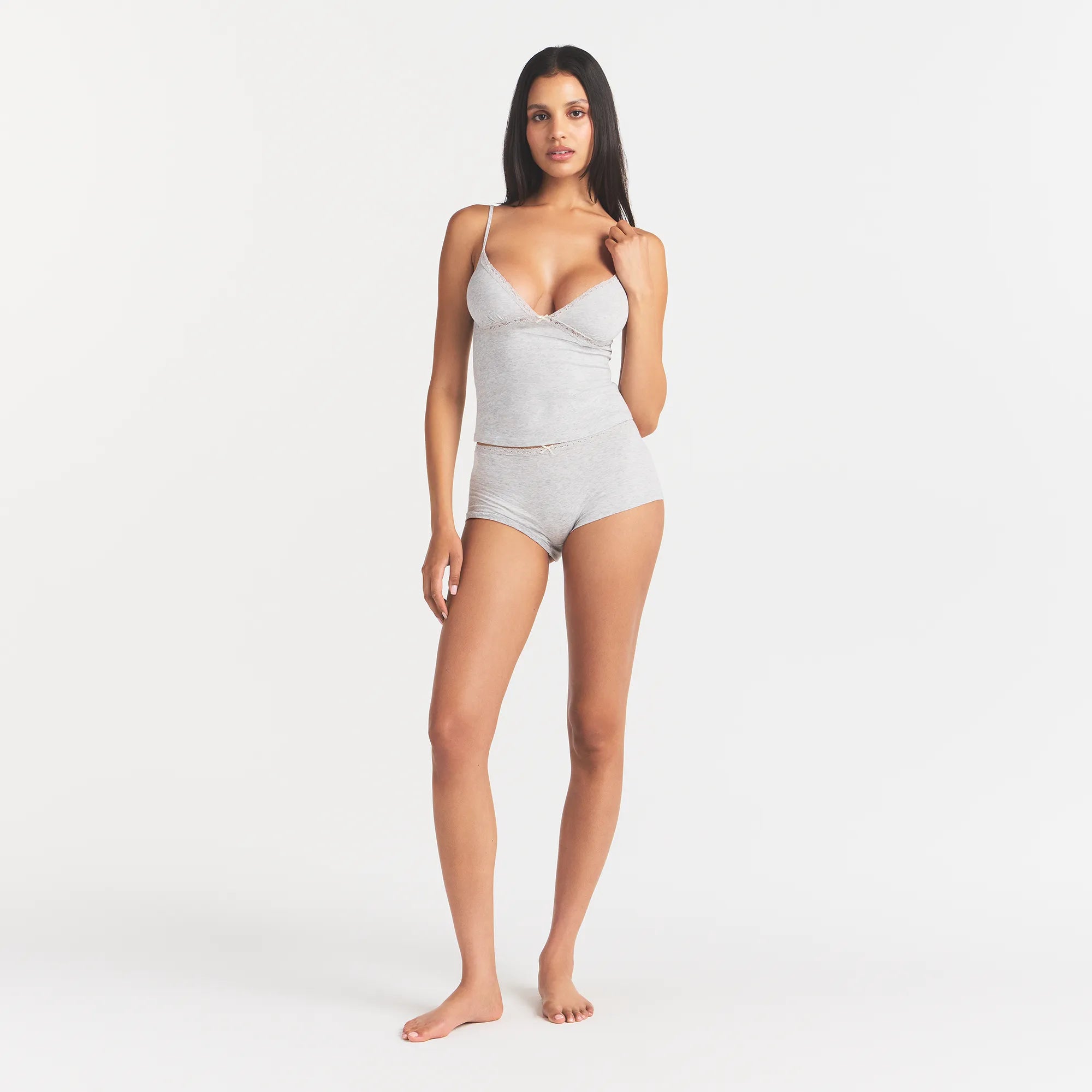 LIGHTWEIGHT COTTON LACE CAMI AND BOY SHORT SET | LIGHT HEATHER GREY - Image 2