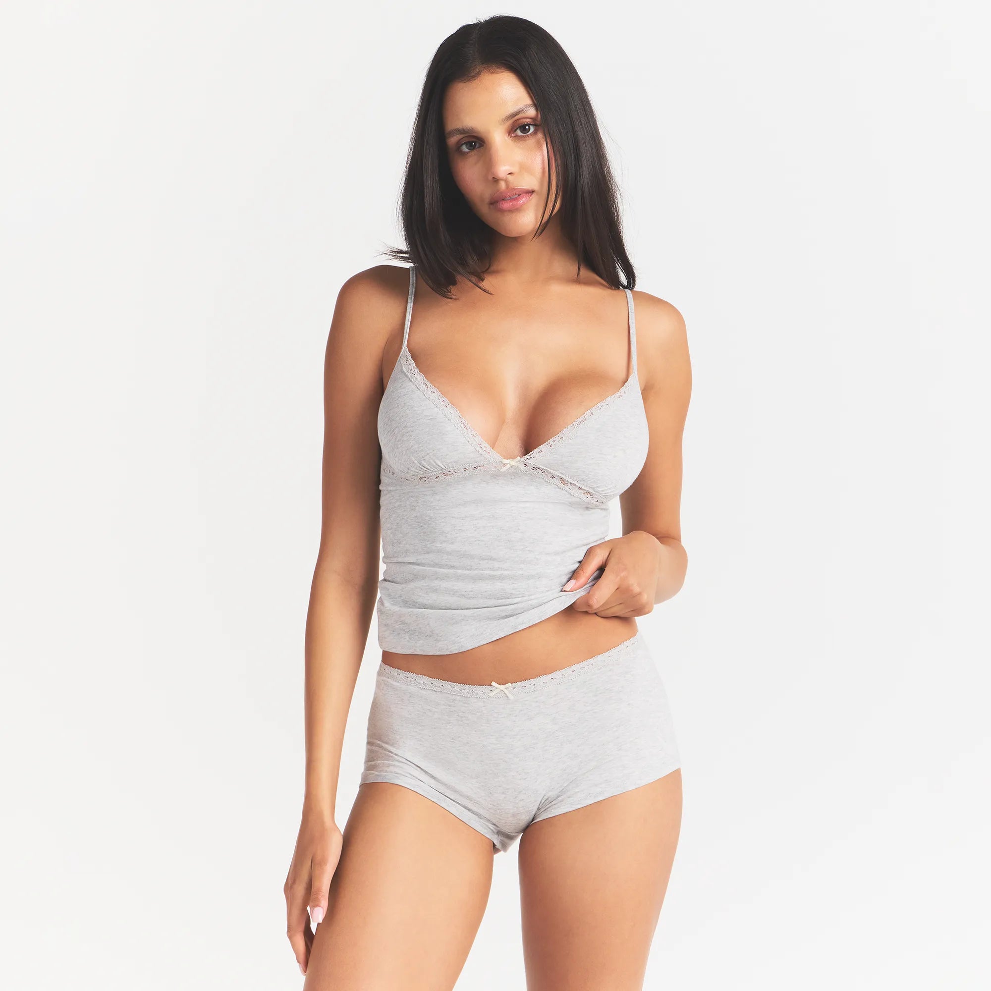 LIGHTWEIGHT COTTON LACE CAMI AND BOY SHORT SET | LIGHT HEATHER GREY - Image 4
