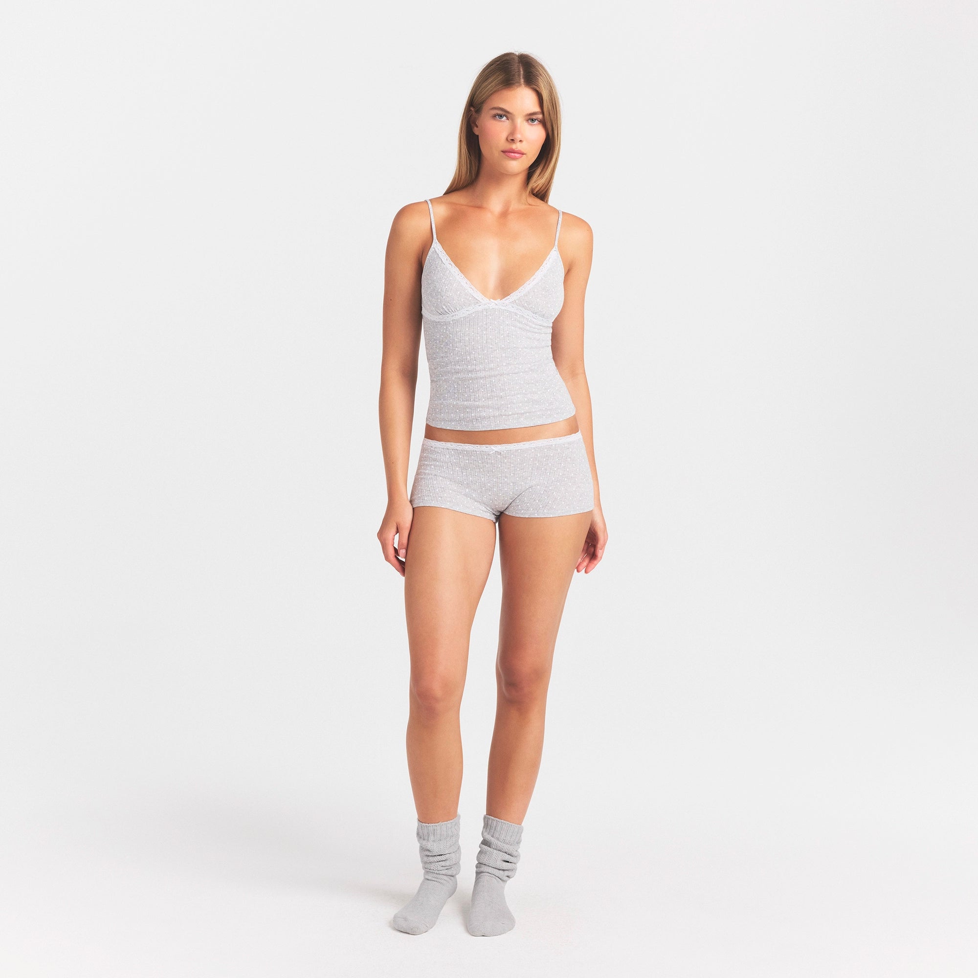 LIGHTWEIGHT COTTON POINTELLE LACE CAMI AND BOY SHORT SET | LIGHT HEATHER GREY PIN DOT - Image 2