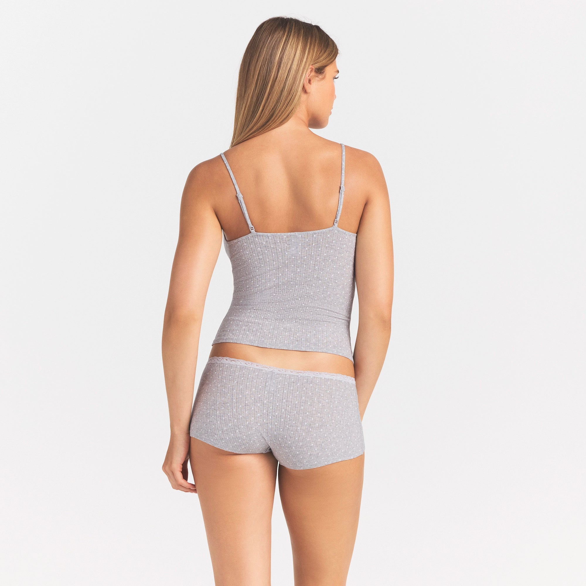 LIGHTWEIGHT COTTON POINTELLE LACE CAMI AND BOY SHORT SET | LIGHT HEATHER GREY PIN DOT - Image 4