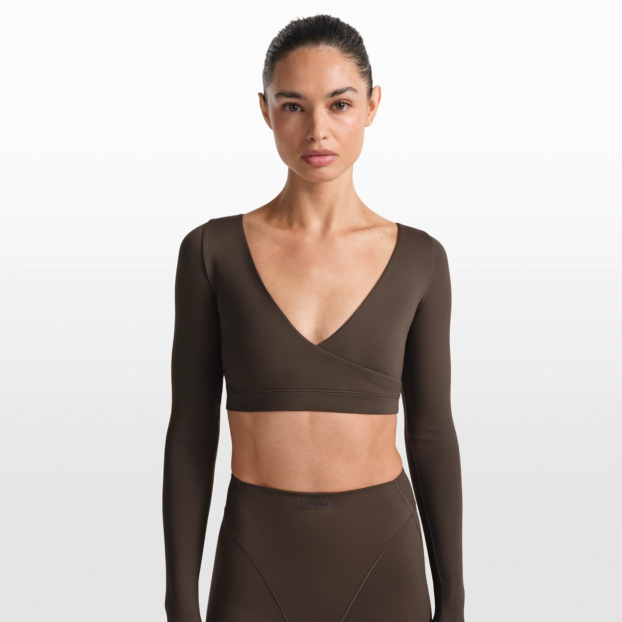 NikeSKIMS MATTE WRAP LONG SLEEVE CROPPED TOP | DARK SEPIA - Image 3