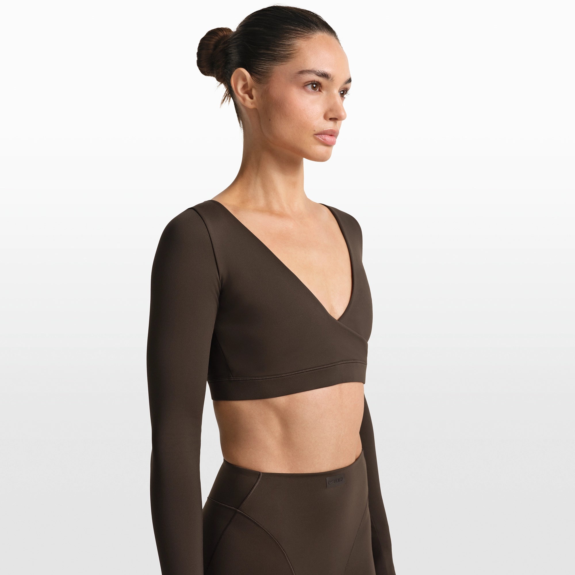 NikeSKIMS MATTE WRAP LONG SLEEVE CROPPED TOP | DARK SEPIA - Image 4