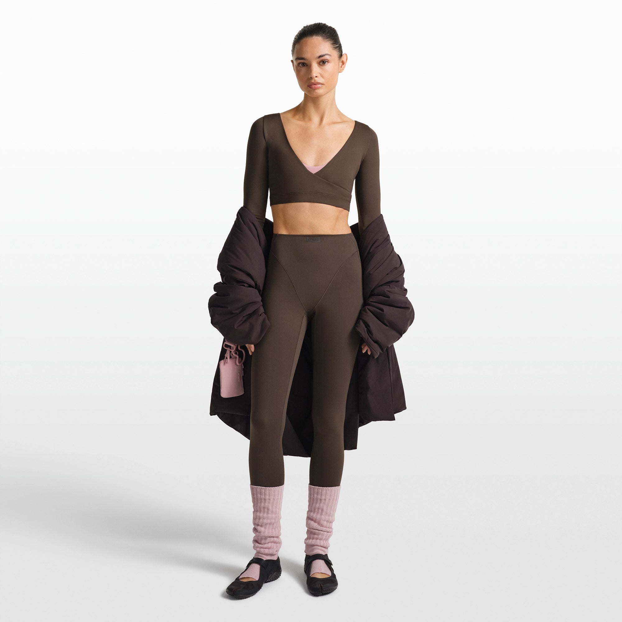 NikeSKIMS MATTE WRAP LONG SLEEVE CROPPED TOP | DARK SEPIA - Image 2