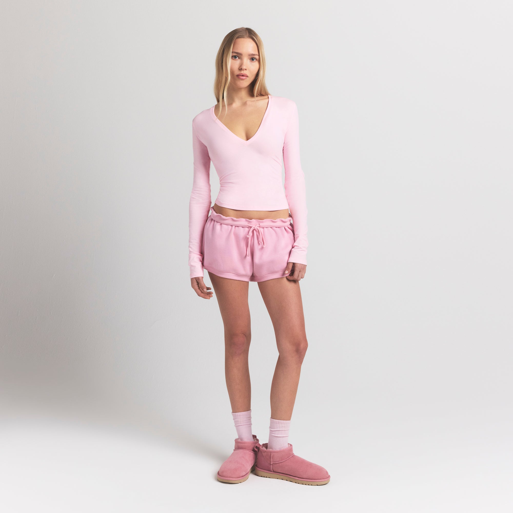 COTTON JERSEY LONG SLEEVE PLUNGE TOP | CHERRY BLOSSOM - Image 2