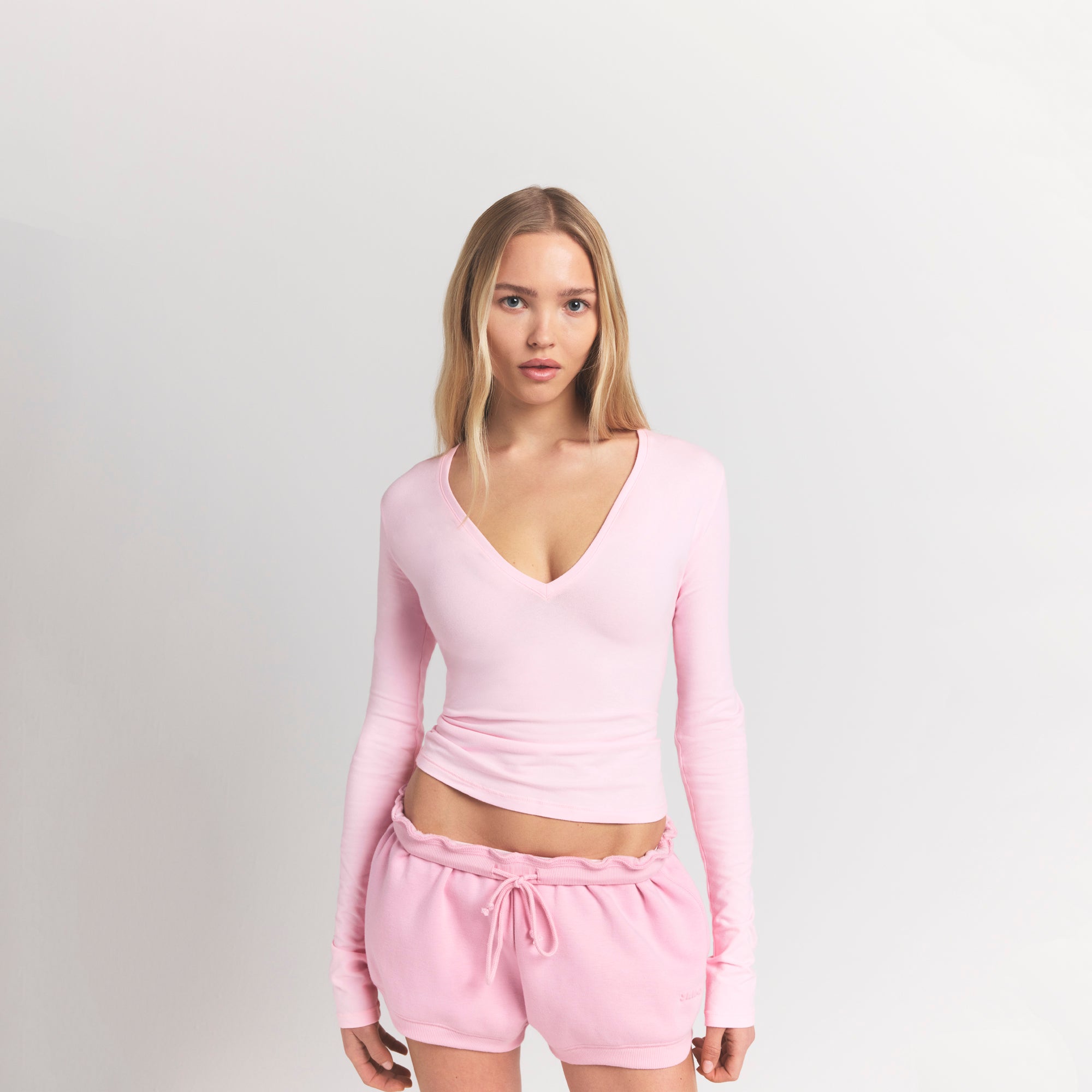 COTTON JERSEY LONG SLEEVE PLUNGE TOP | CHERRY BLOSSOM - Image 3