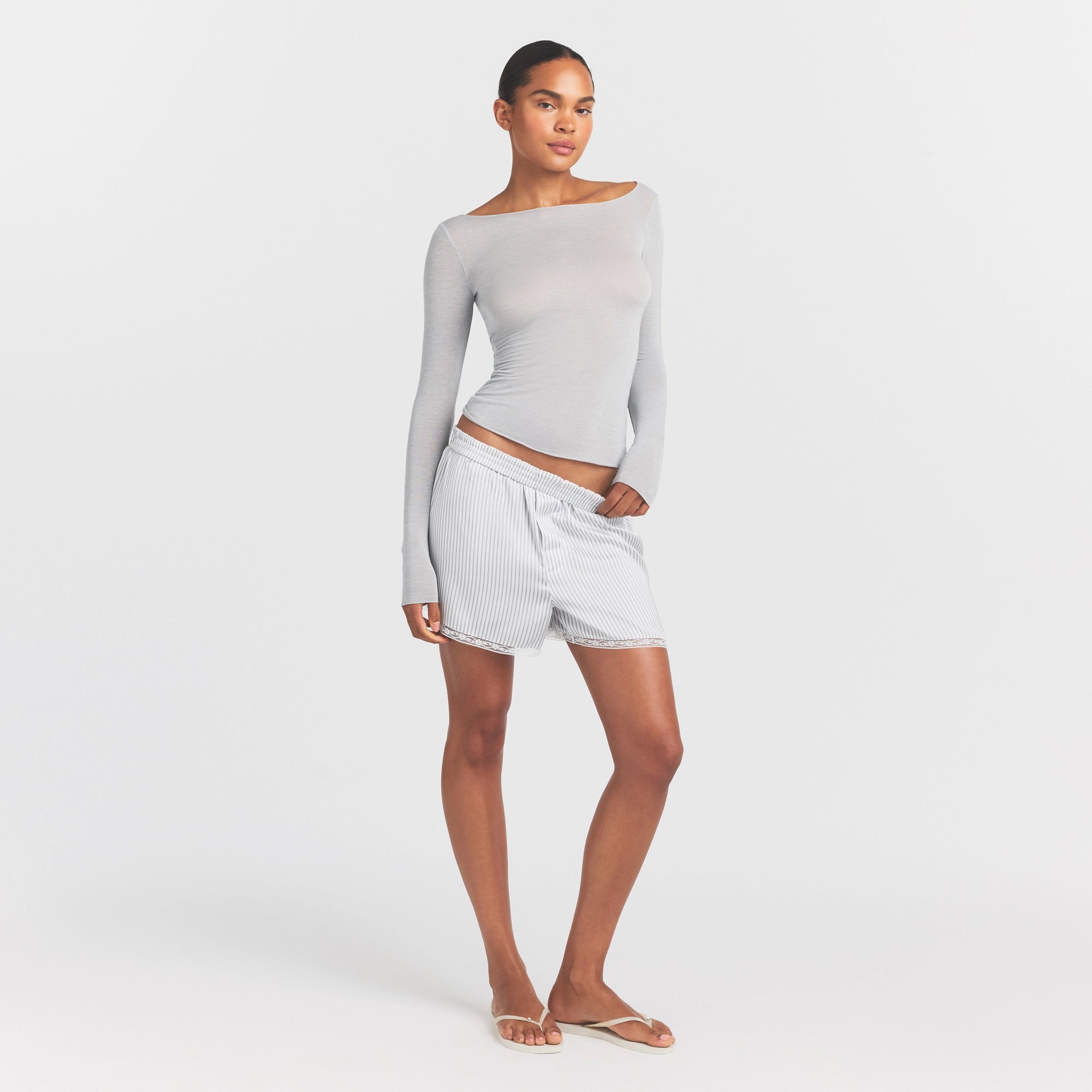 SHEER MODAL LONG SLEEVE BOATNECK TOP | HEATHER GREY - Image 2